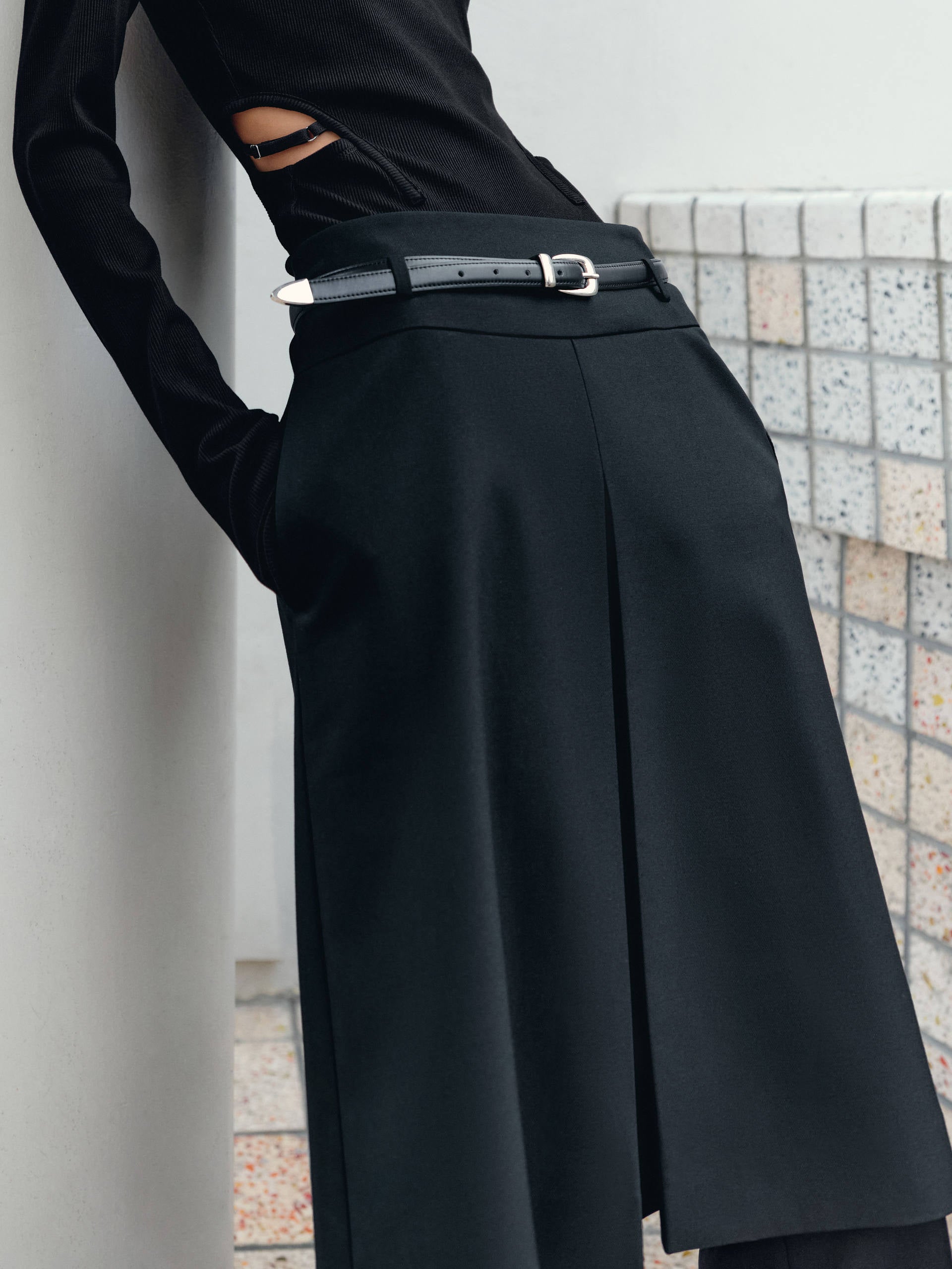 Women Pleated Midi Skirt with Belt - Main Image
