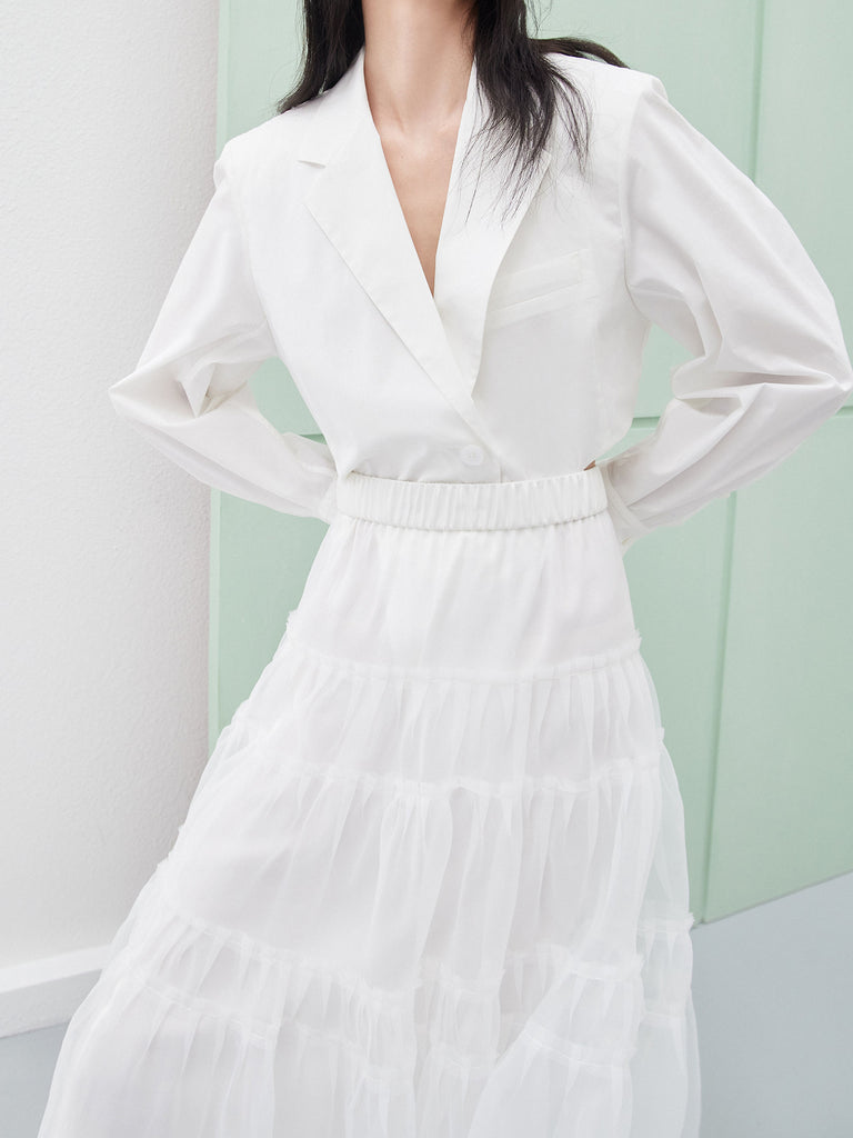 Layered Ruffled Tulle Midi Skirt in White