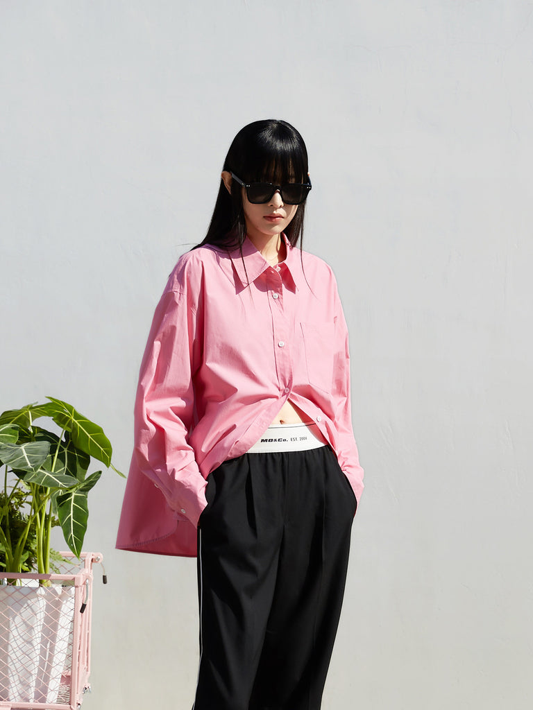 Contrast Trim Cotton Oversized Shirt in Pink