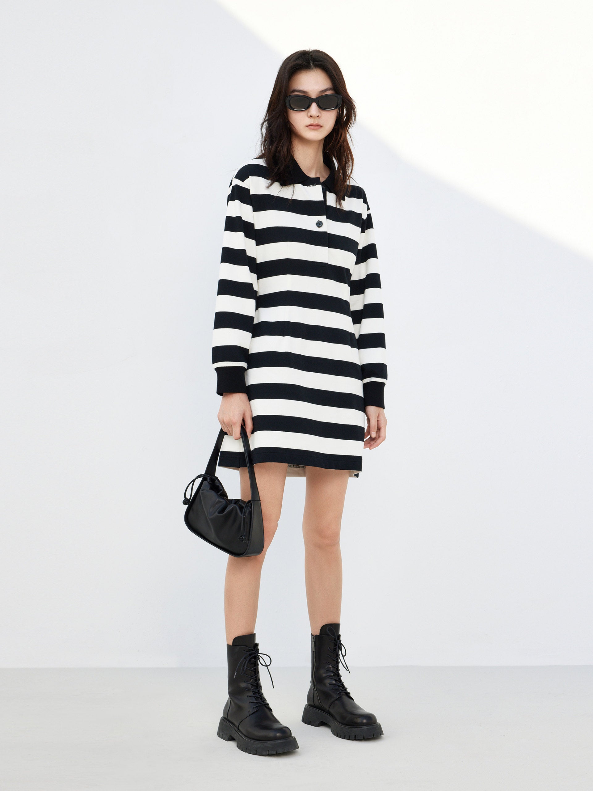 Long Sleeves Cutout Back Athleisure Style Striped Dress