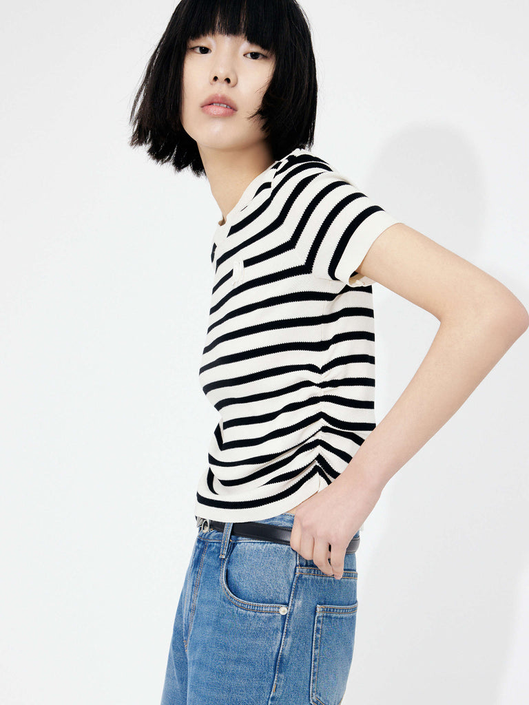 MO&Co. Women's Round Neck Striped Slim-fit Top in Black and White