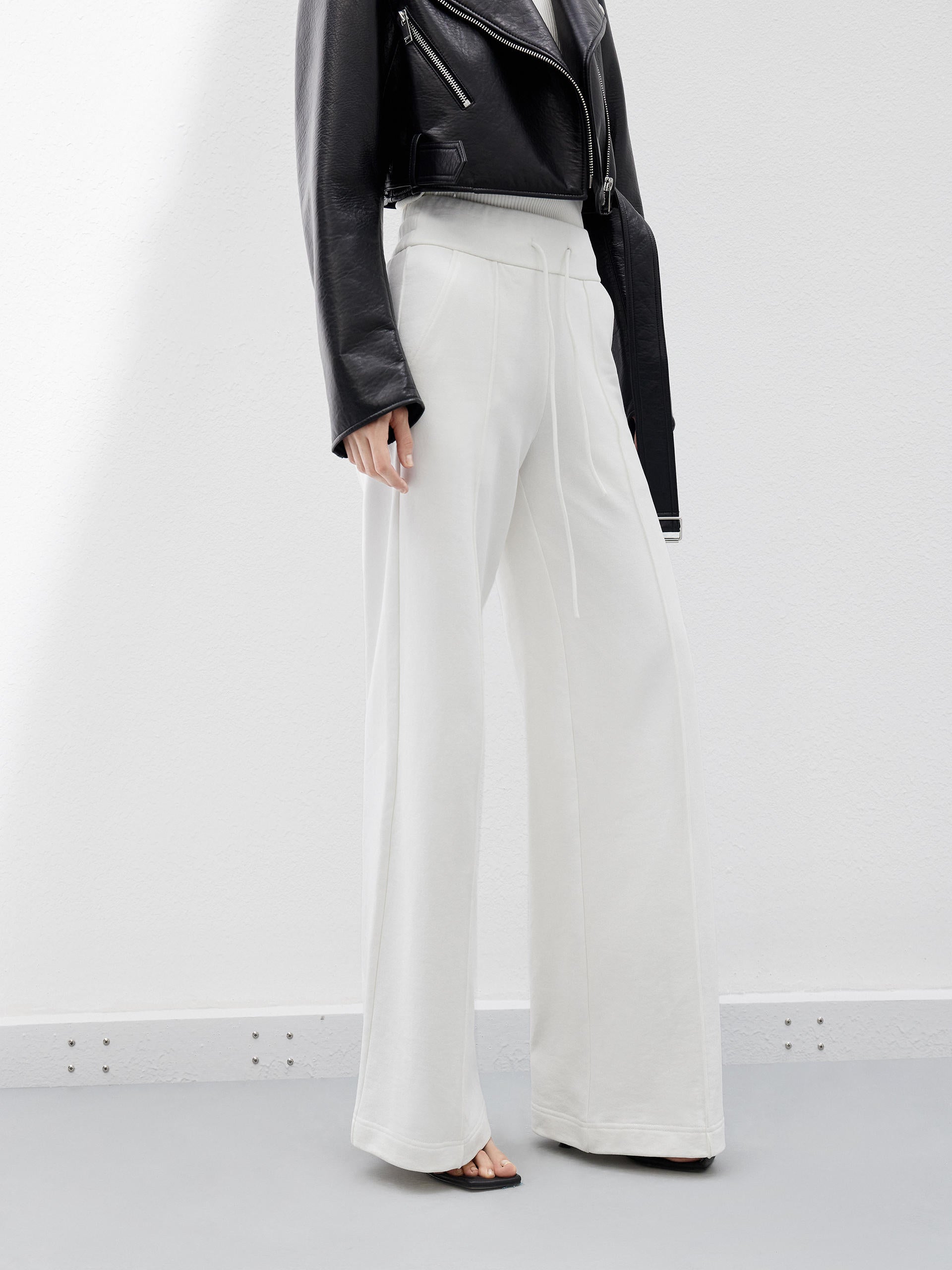 Drawstring Casual Athleisure Wide Leg White Trousers