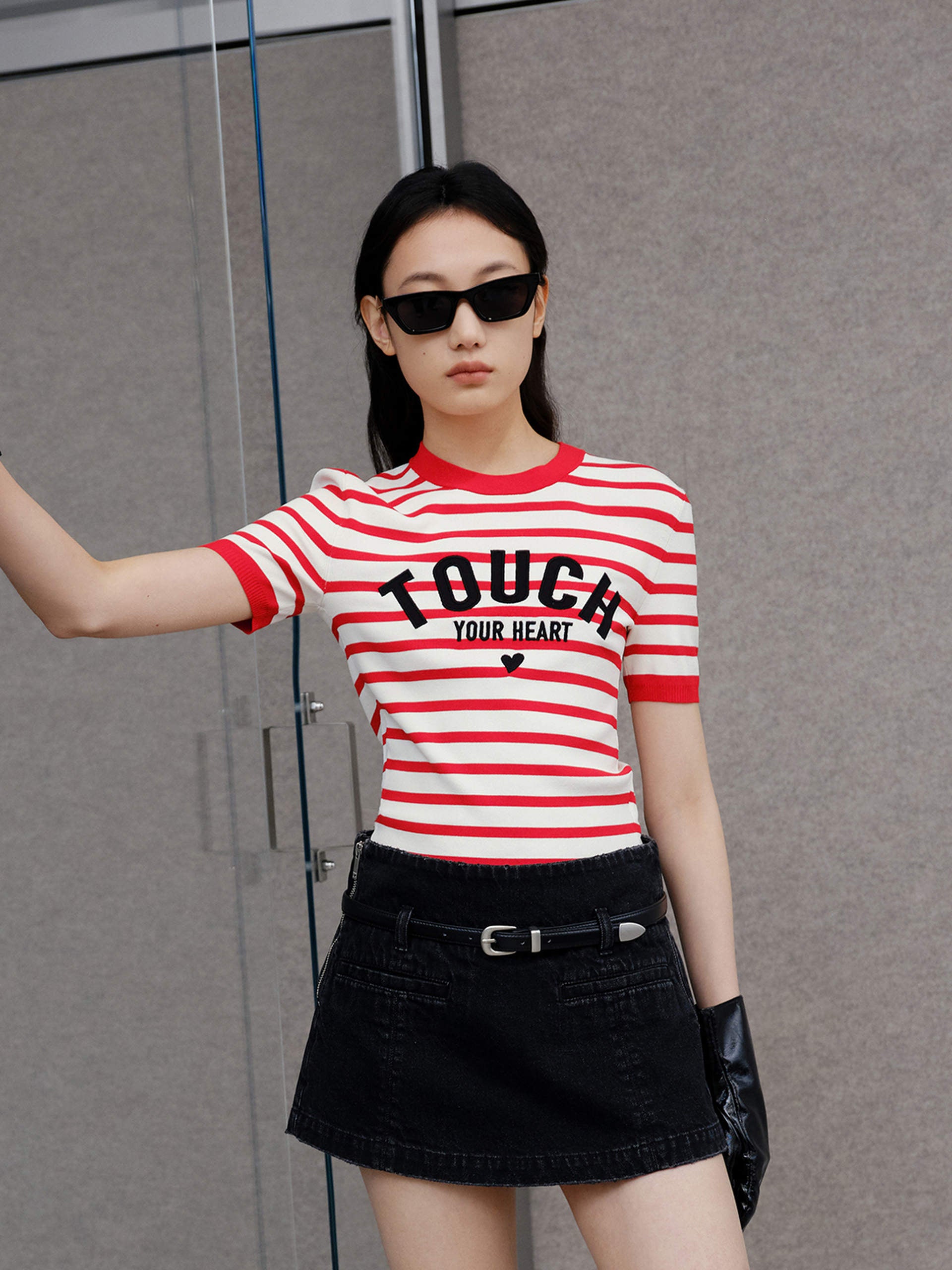 Embroidered Knitted Striped Cropped Red Top