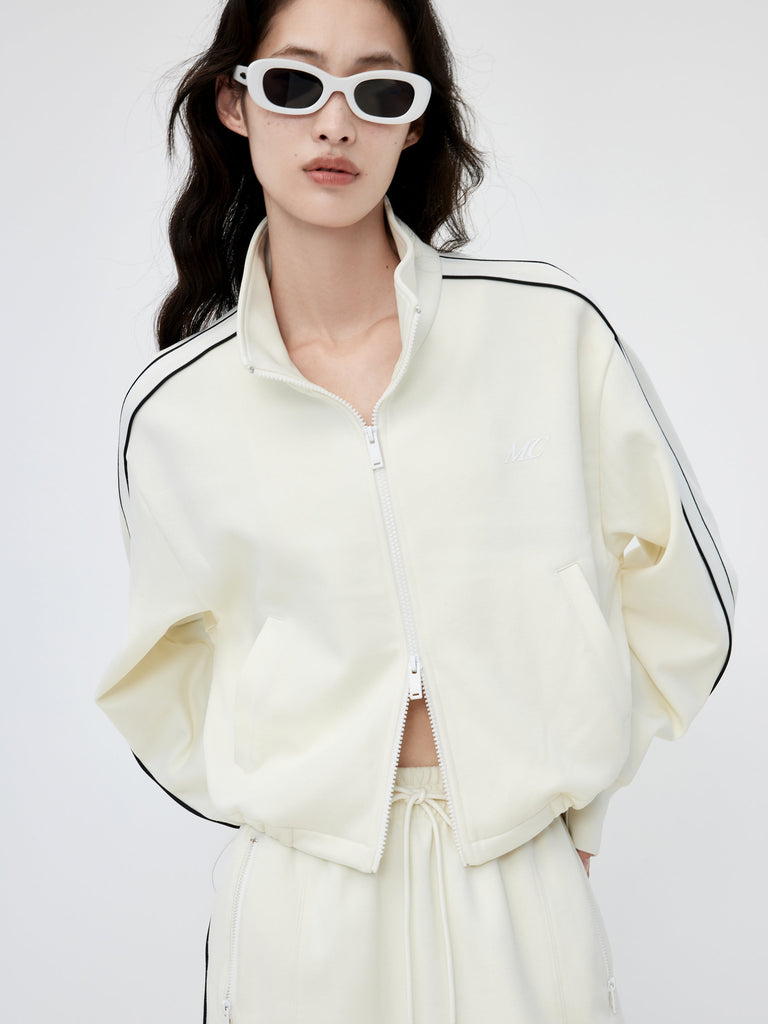 Cotton Blend Contrast Cropped Athleisure Jacket in White