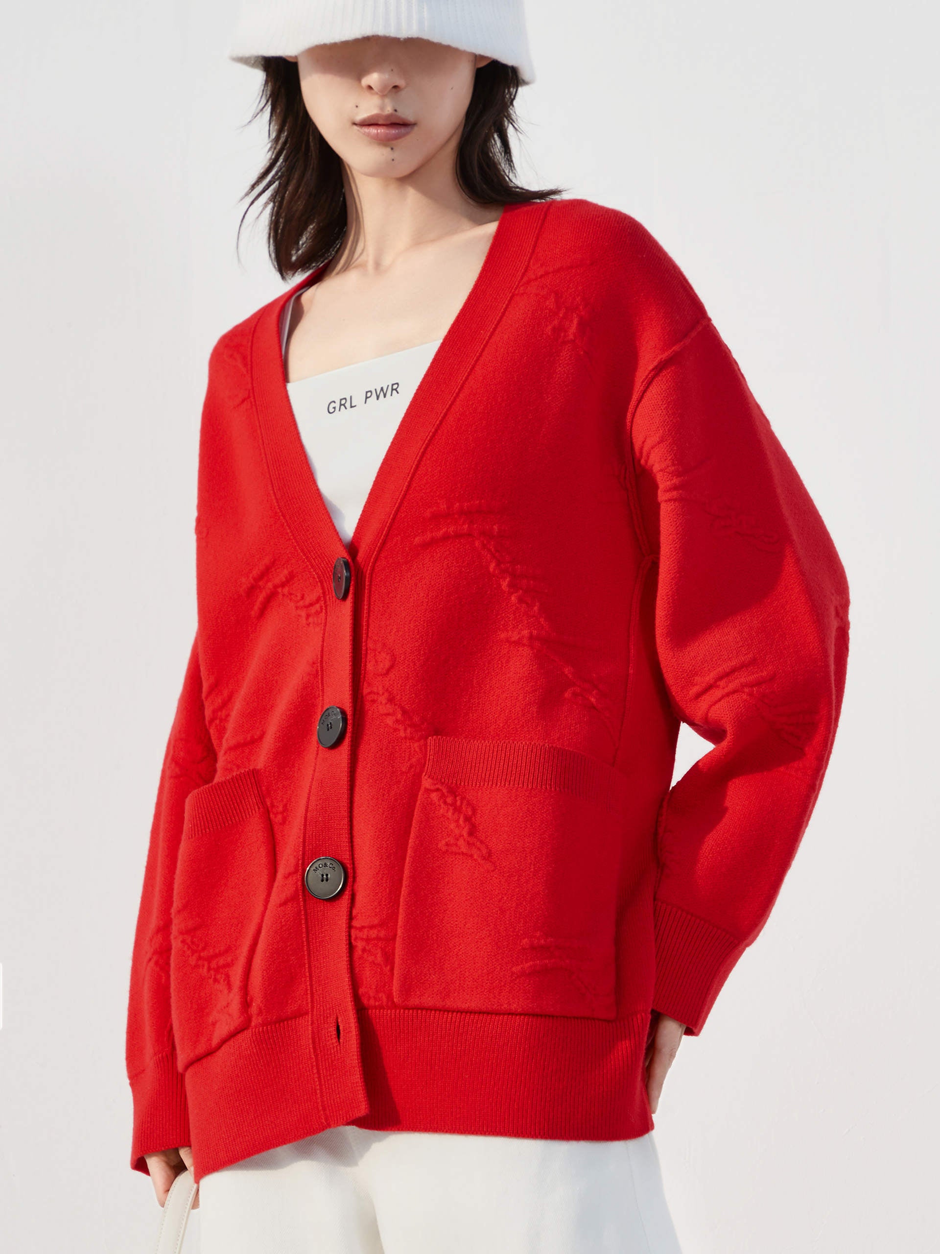 Wool Blend Letter Textured Jacquard Cardigan in Red