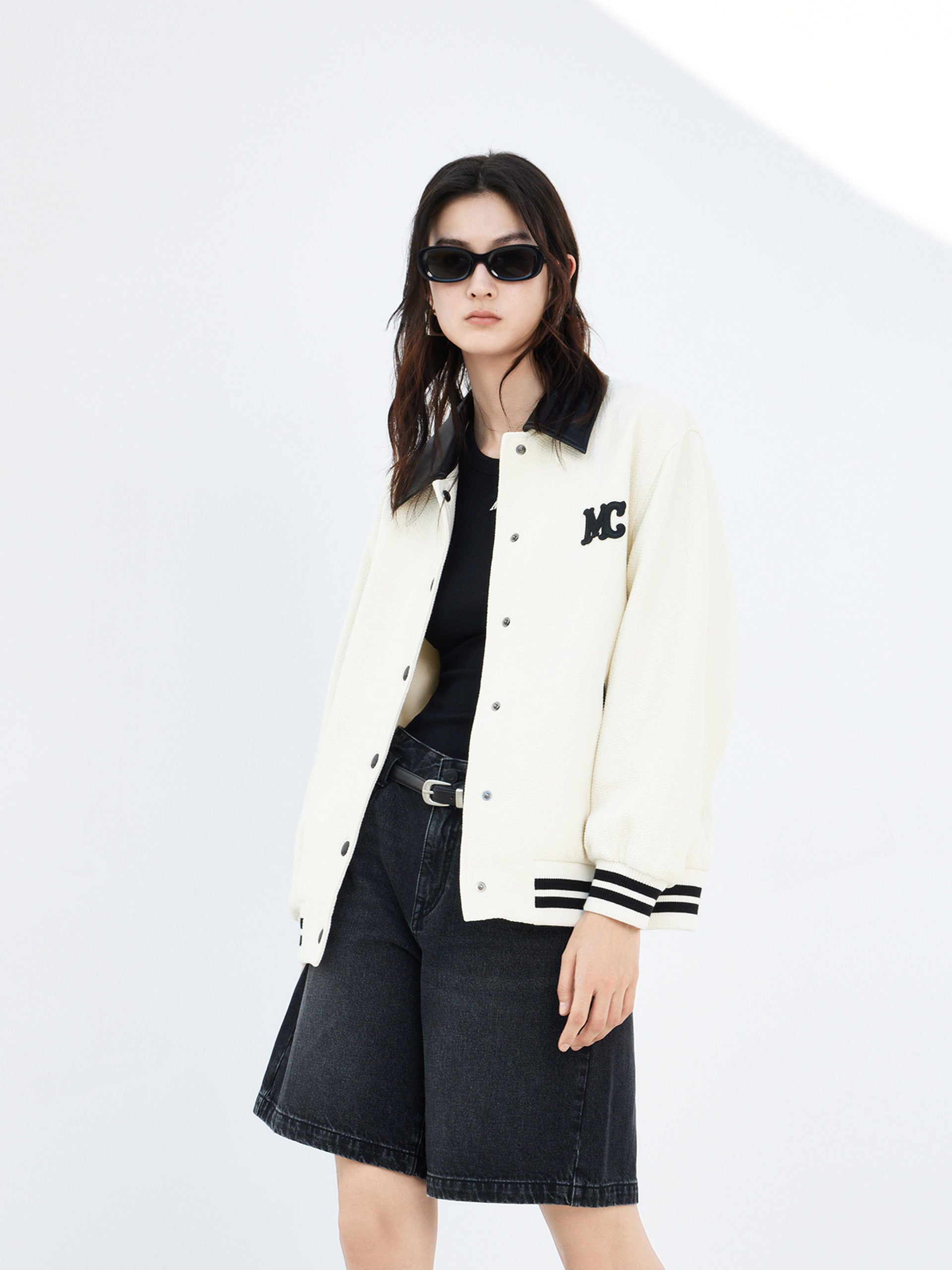 Logo Contrast Baseball Bomber Jacket in Beige