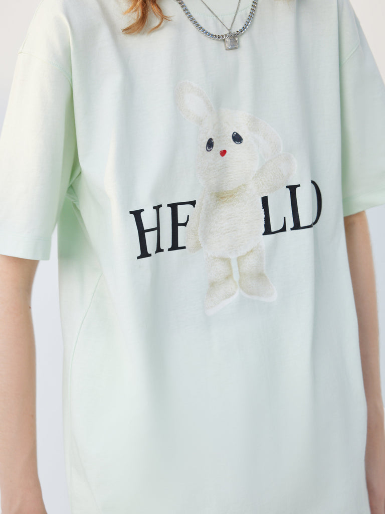 Short Sleeves Rabbit Pattern Cotton Relaxed Fit Causal T-shirt in Mint