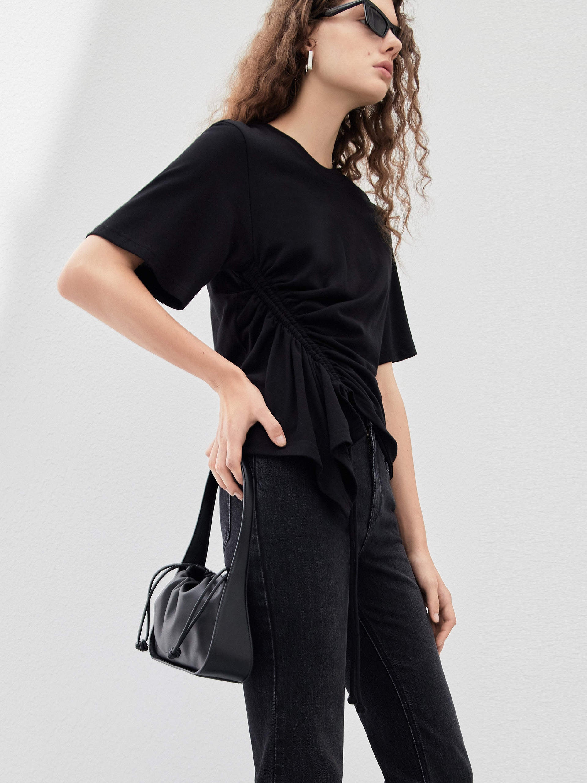 Women's Pleated Asymmetrical Hem Cotton T-shirt with Drawstring in Black