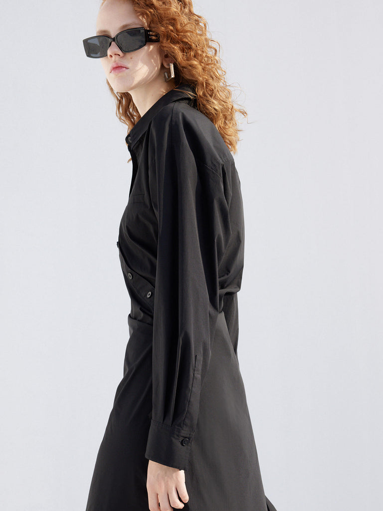 Women's Slant Placket Asymmetric Hem Shirt Dress in Black