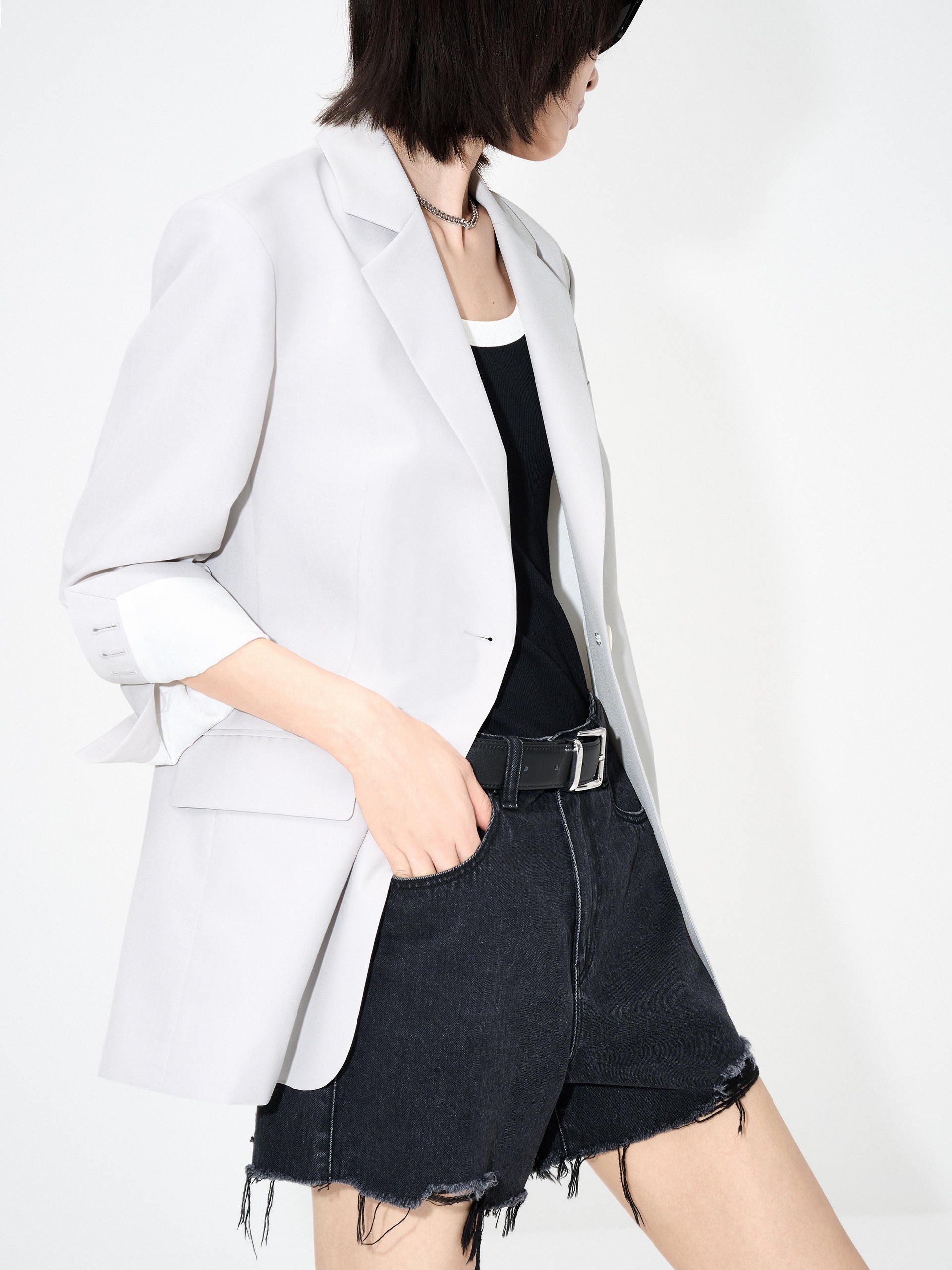 MO&Co. Women's Tailored Blazer with Pleated Sleeves Details in Grey