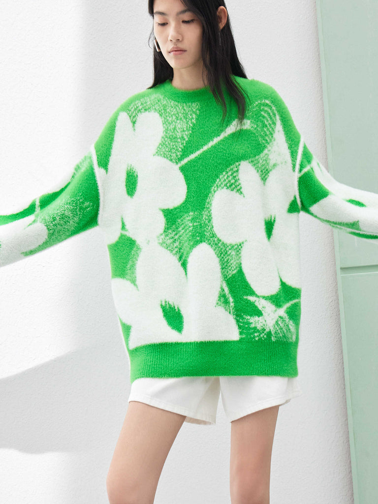 Soft Textured Floral Pattern Jacquard Sweater Pullover in Green