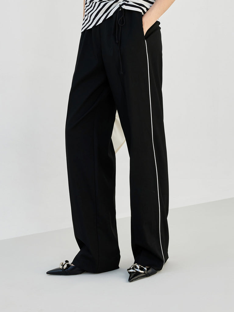 Wide Logo Waistband Straight Athleisure Pants Trousers in Black