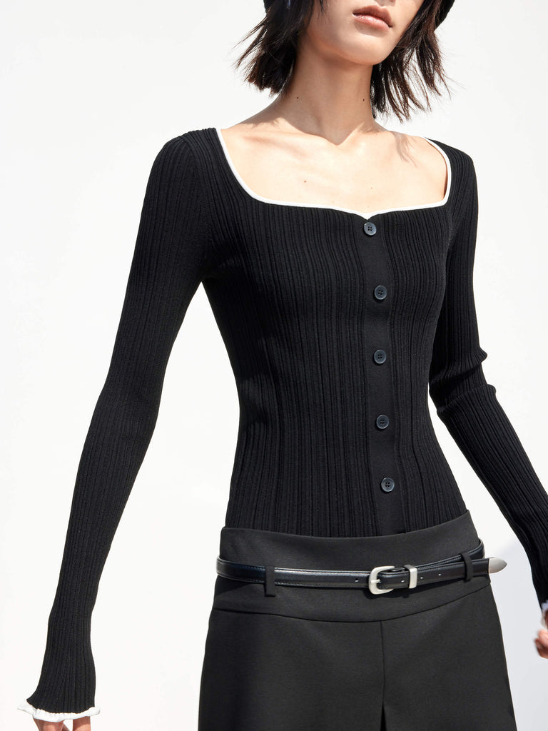 Heart Neckline Ribbed Slim Fit Knitted Top in Black