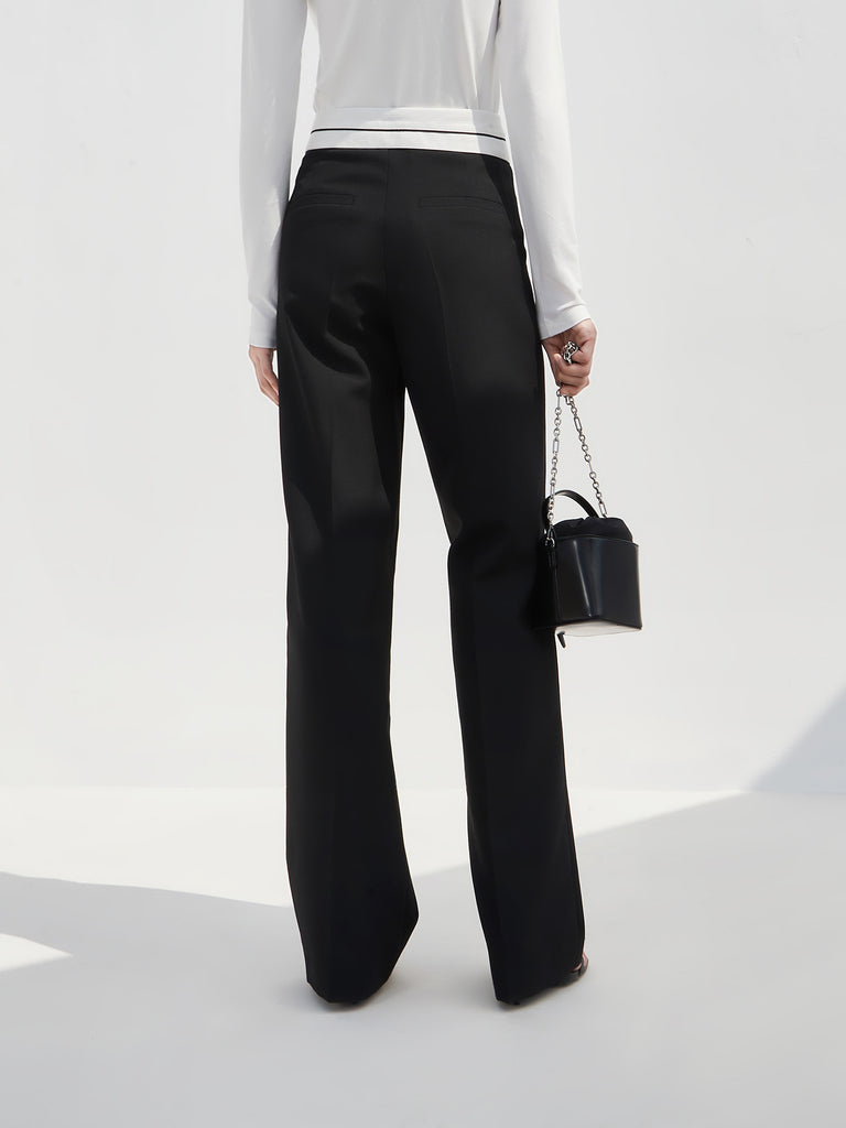 Wool blend Straight Flipped waistband Suit Pants in Black