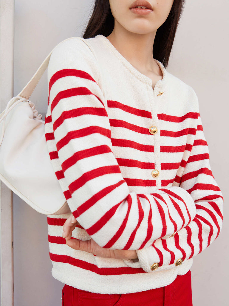 Crop Knitted Chic Striped Cardigan in Red and Beige