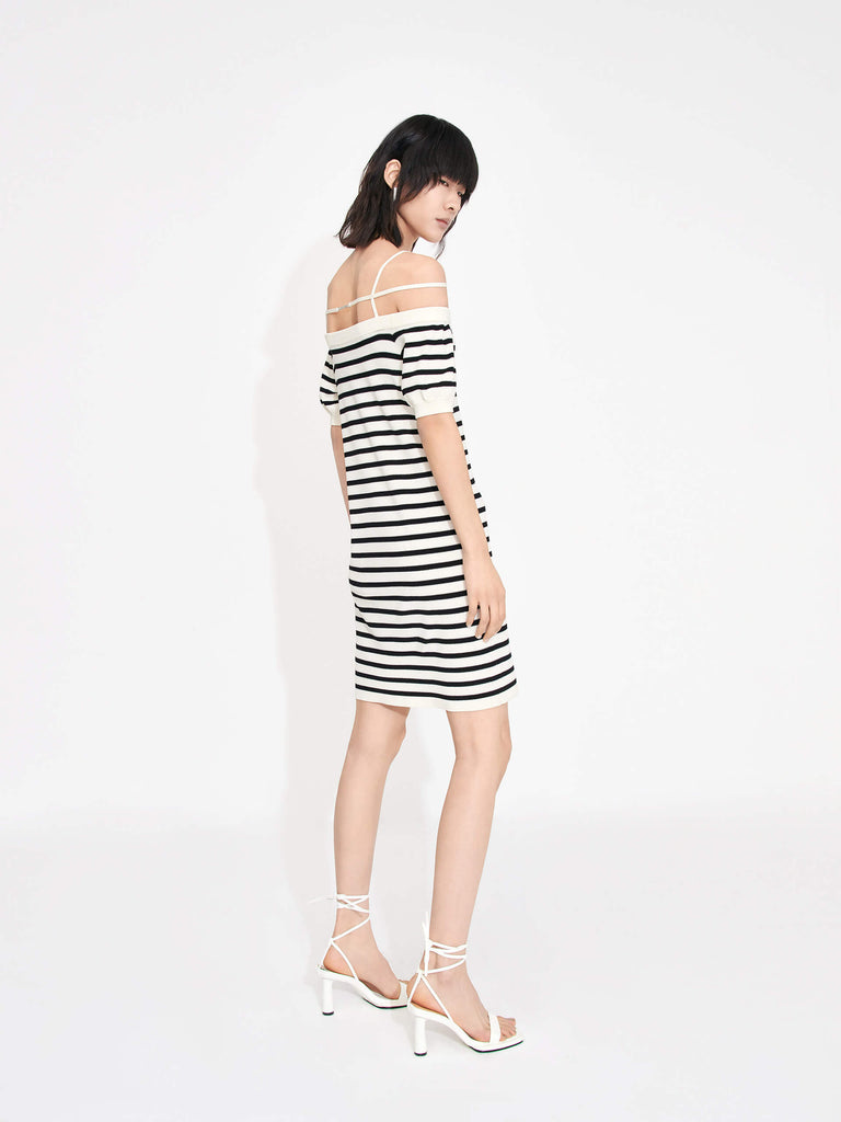 MO&Co. Women's Black and White Striped Strap Details Slim Fit Off Shoulder Mini Dress