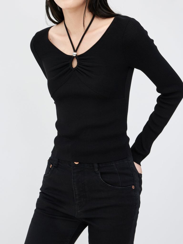 Long Sleeves Cotton Blend Ribbed Knit Top with Open Front Details in Black
