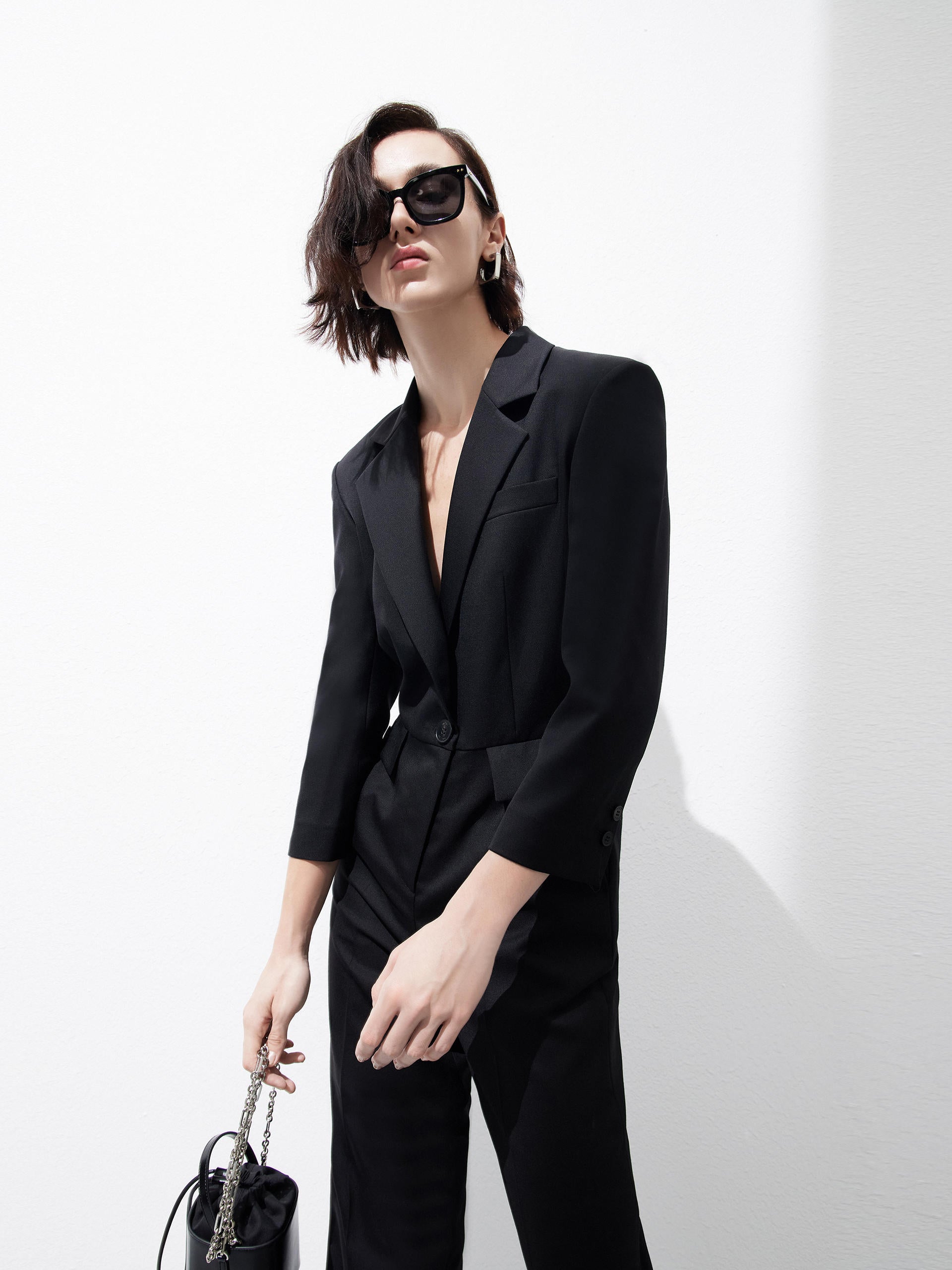 Structured V-neck Straight Suit Jumpsuit in Black