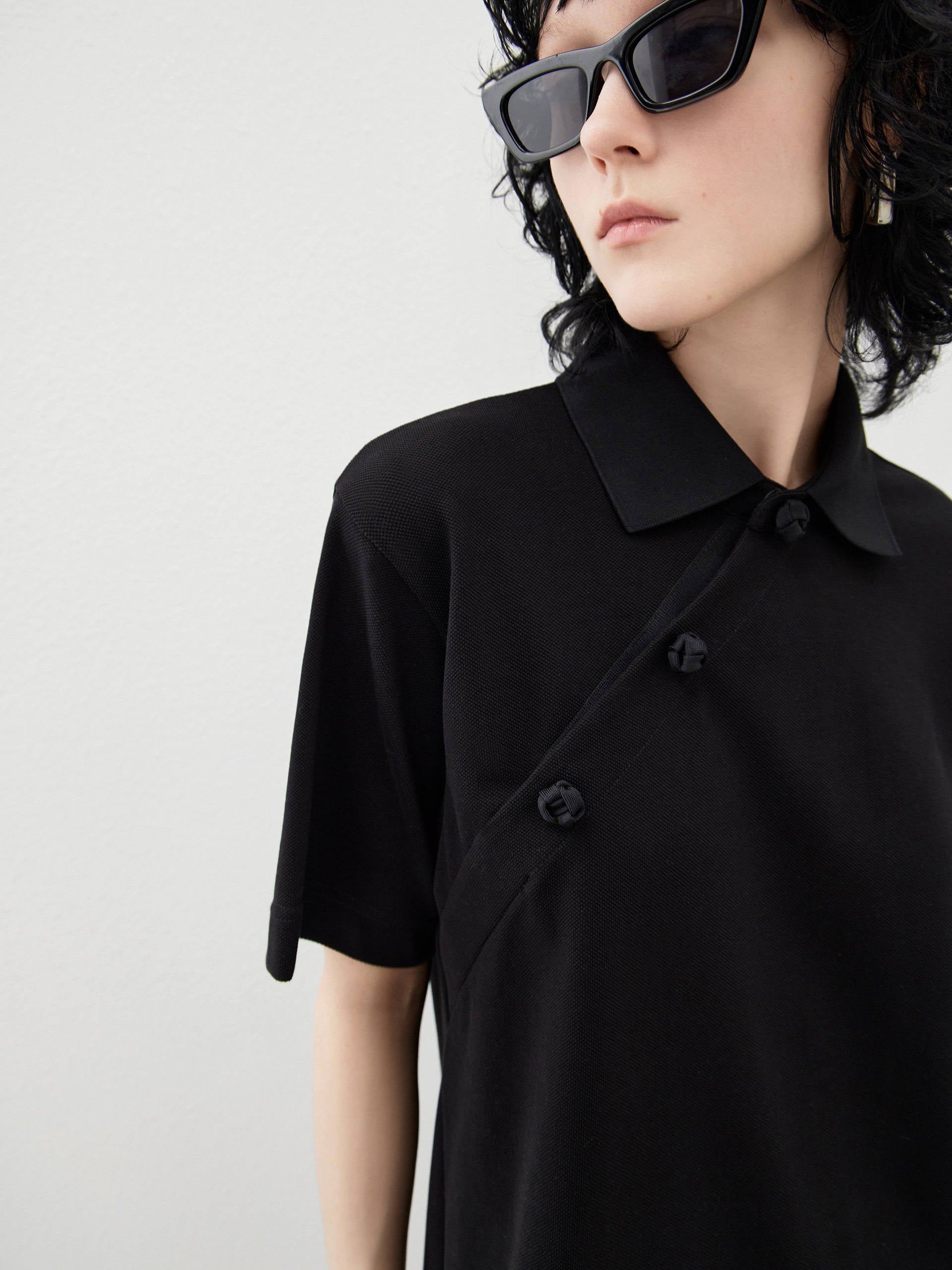 Women's Polo Collar Black Casual Cotton Dress