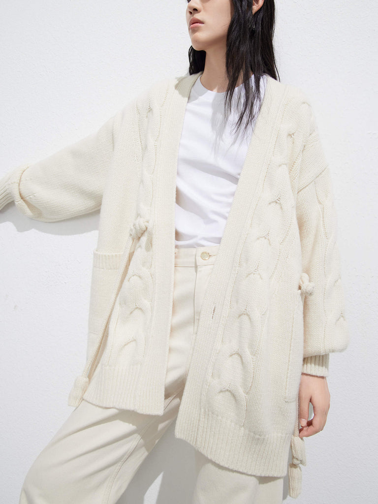 Cheongsam Buckle Wool Cable Knit Casual Cardigan in Beige