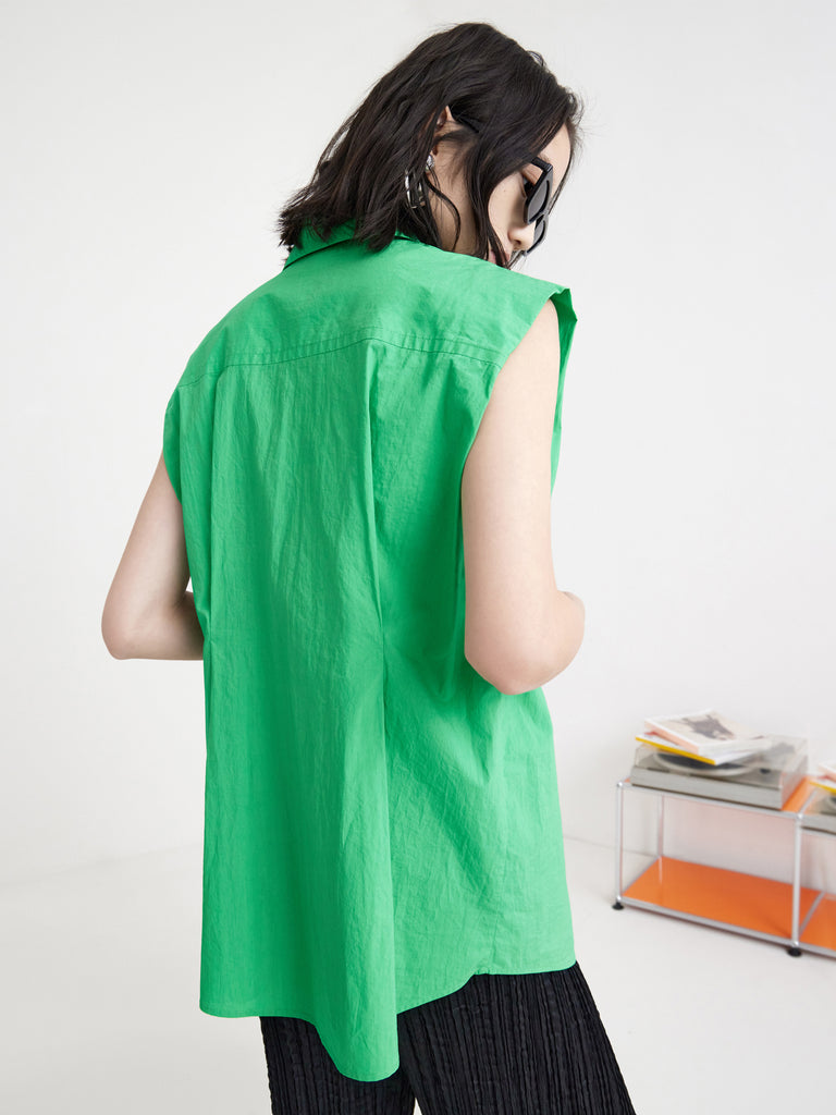 Women's Sleeveless Cotton Shirt with Tie in Green