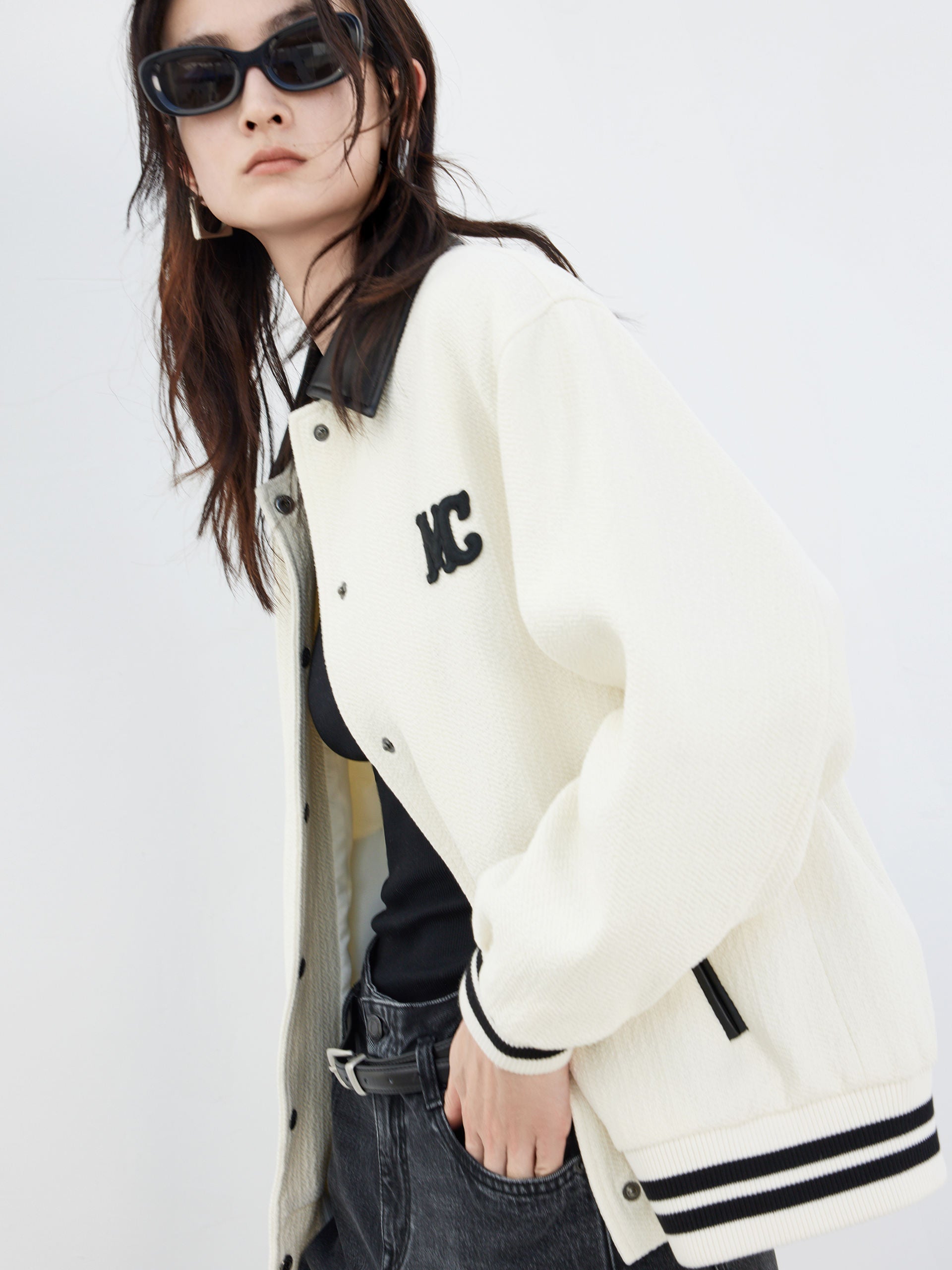 Logo Contrast Baseball Bomber Jacket in Beige