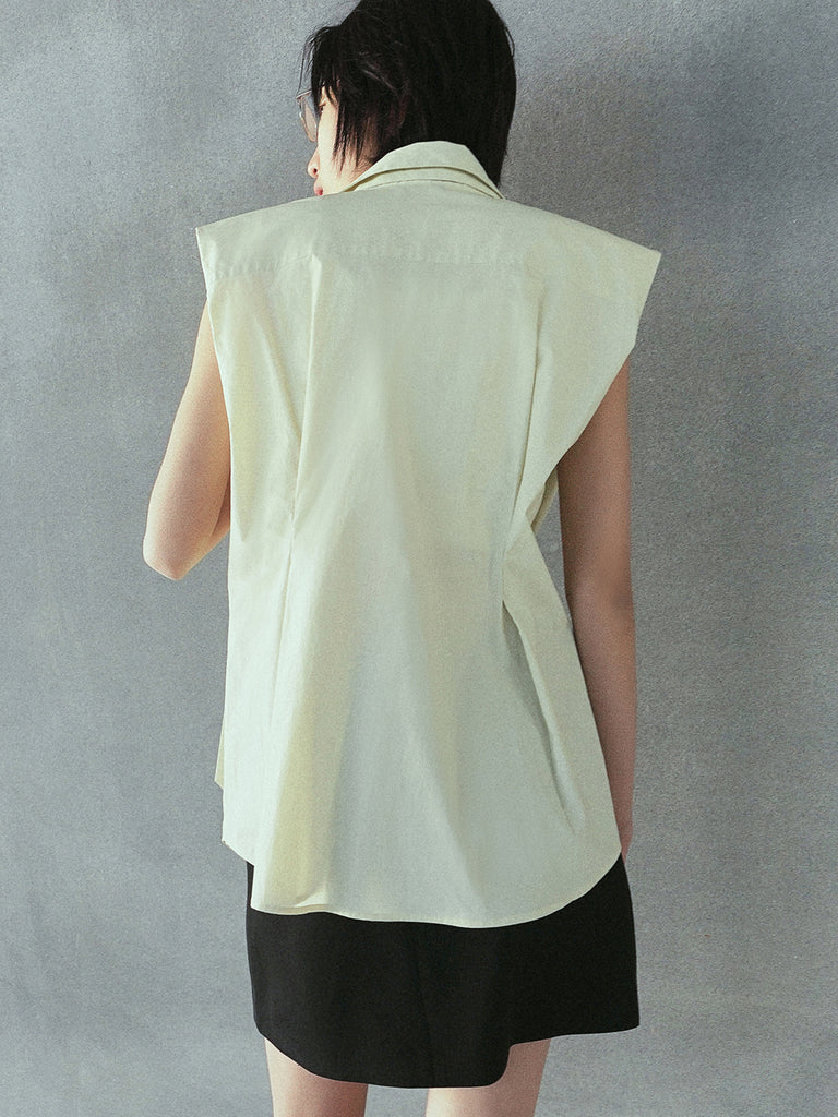 Women's Sleeveless Cotton Shirt with Tie in Beige