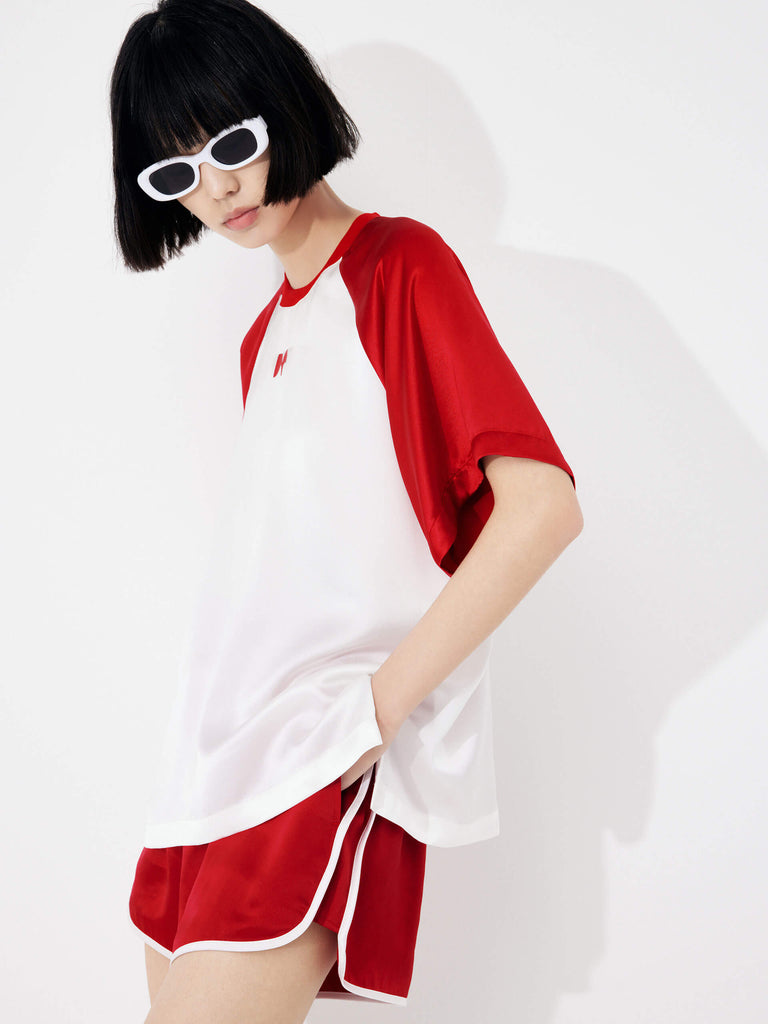 MO&Co. Women's Raglan Sleeves Contrast Acetate-blend T-shirt in Red and White