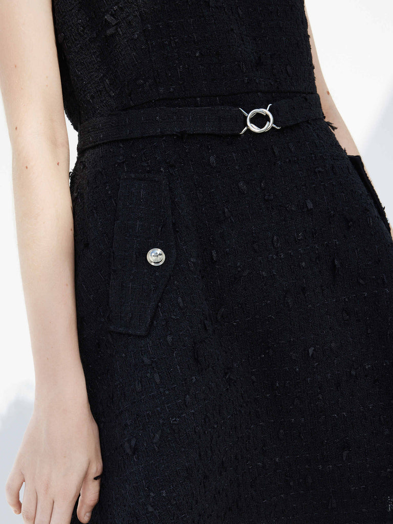 Sleeveless U-neck Tweed Textured Mini A-line Dress in Black