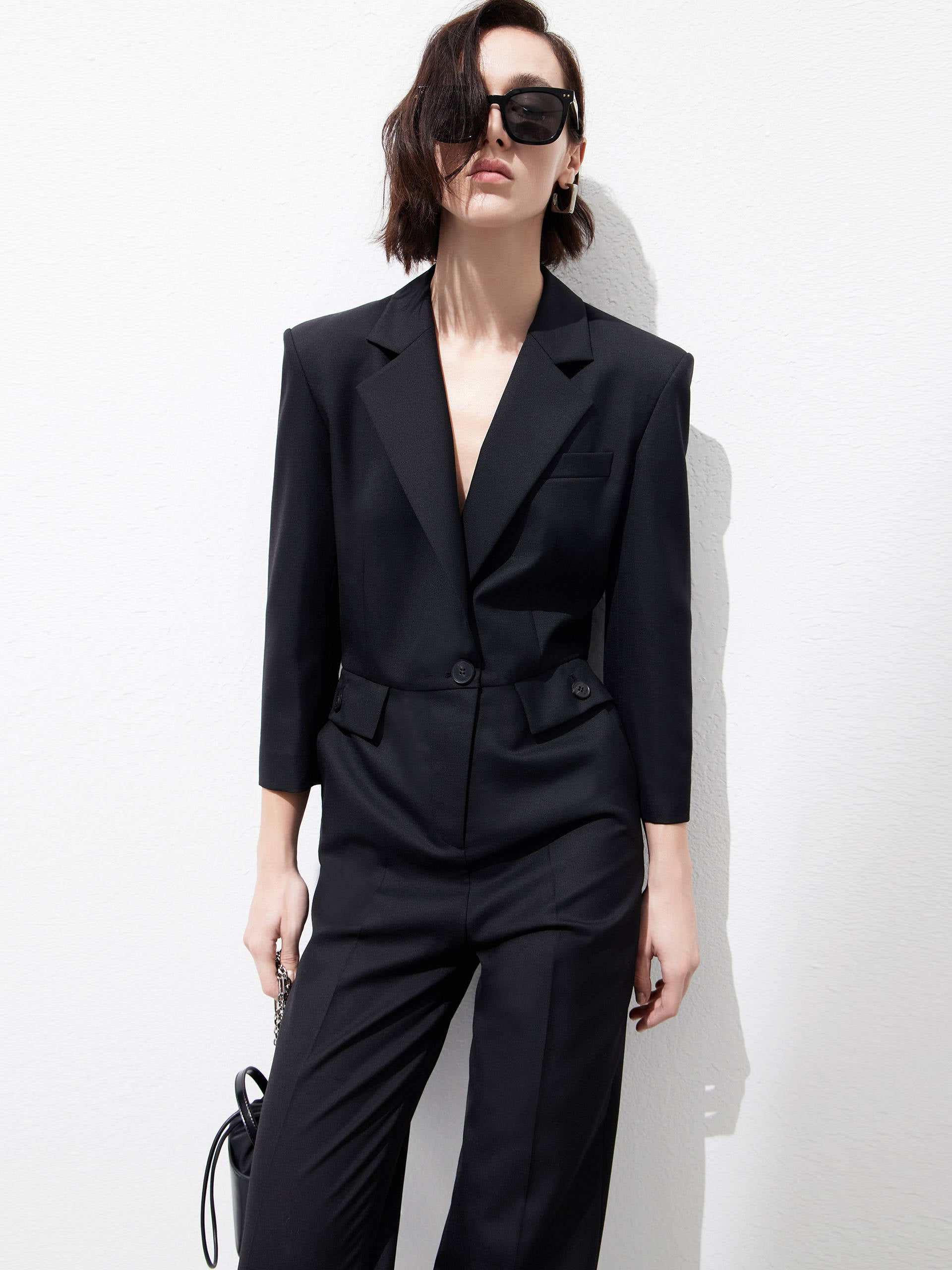 Structured V-neck Straight Suit Jumpsuit in Black