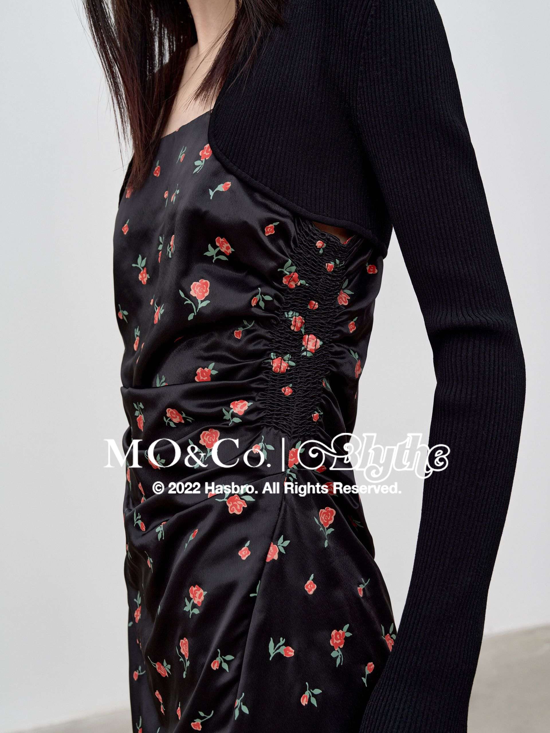 MO&Co.｜Blythe Collaboration Irregular Panel Dress Fitted Casual Square Neck  Black Dress
