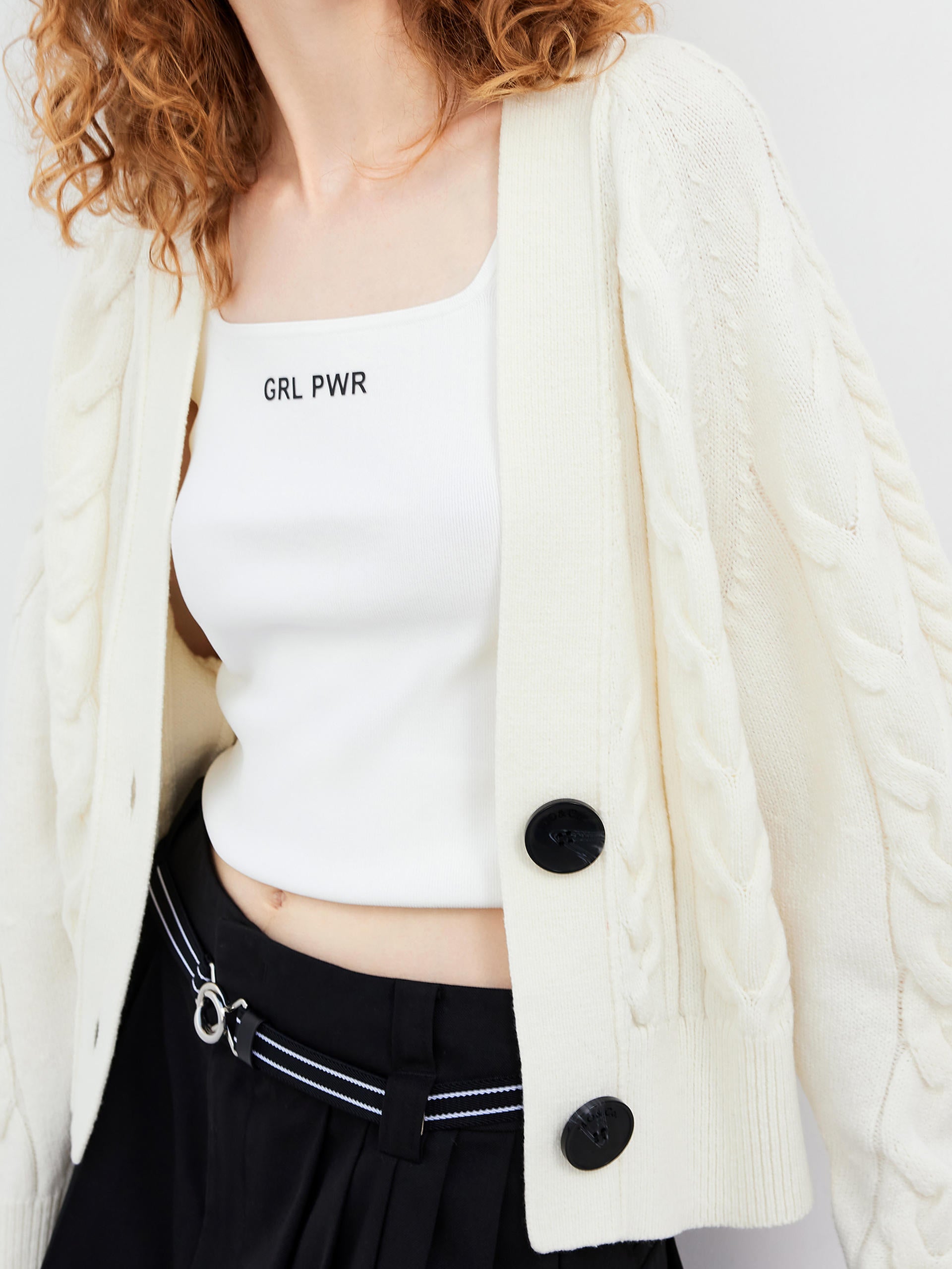 Wool Blend Chunky Cable Cropped Cardigan in White