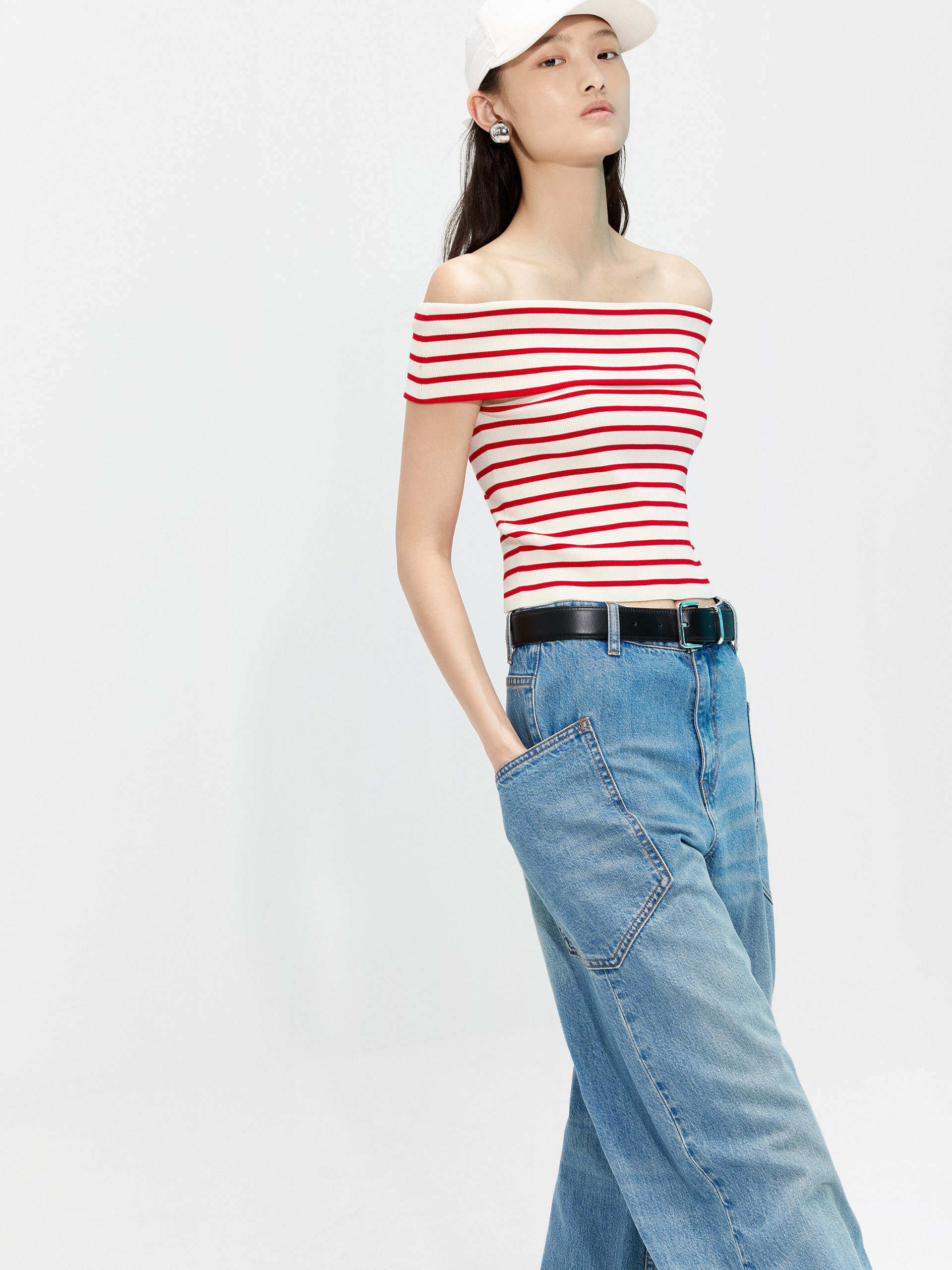 MO&Co. Women's Folded Off Shoulder Casual Striped Ribbed Knitted Top in Red and White 