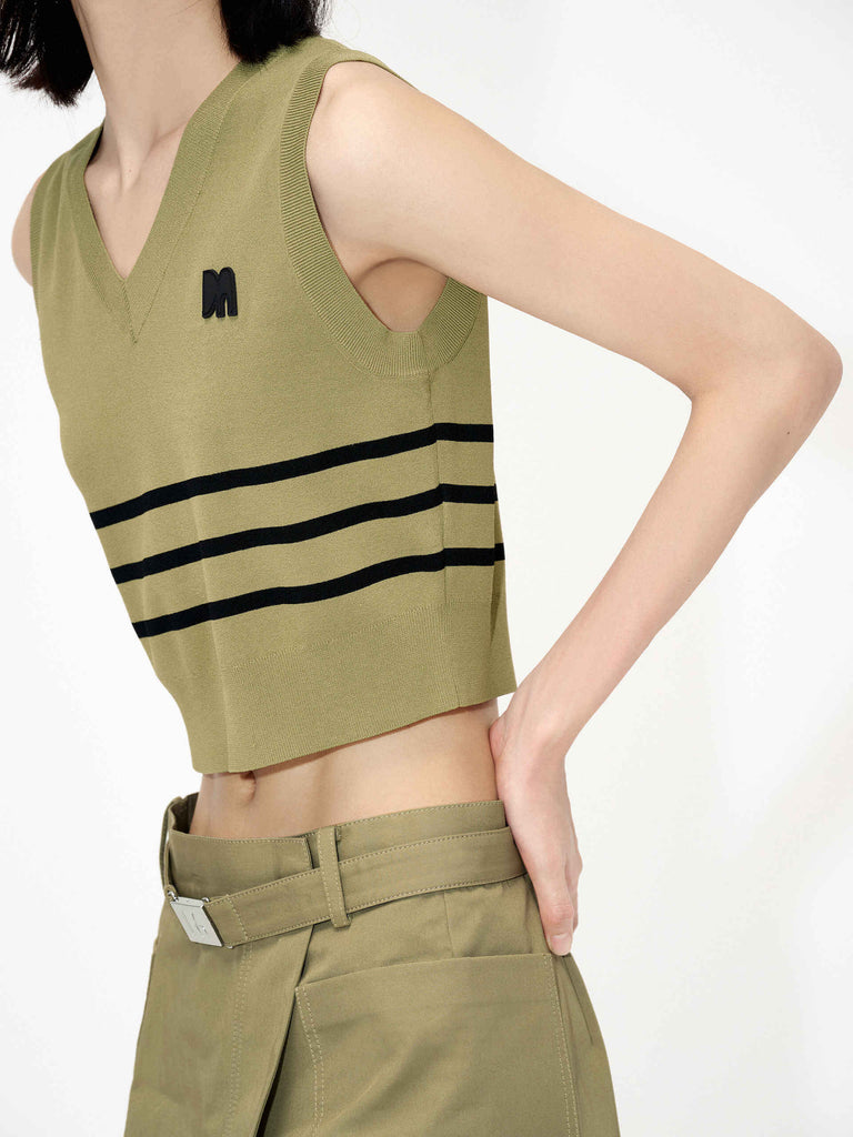 MO&Co. Women's Striped V-neck Knitted Cropped Vest for Summer in Olive