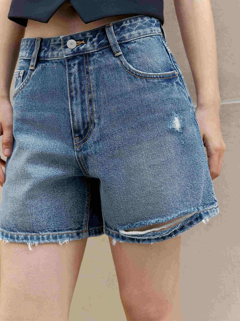 MO&Co. Women's Ripped Details Blue Denim Shorts