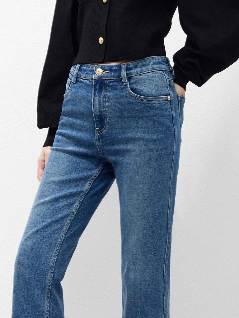 Women's Front Slit Blue Mid-rise Straight Jeans