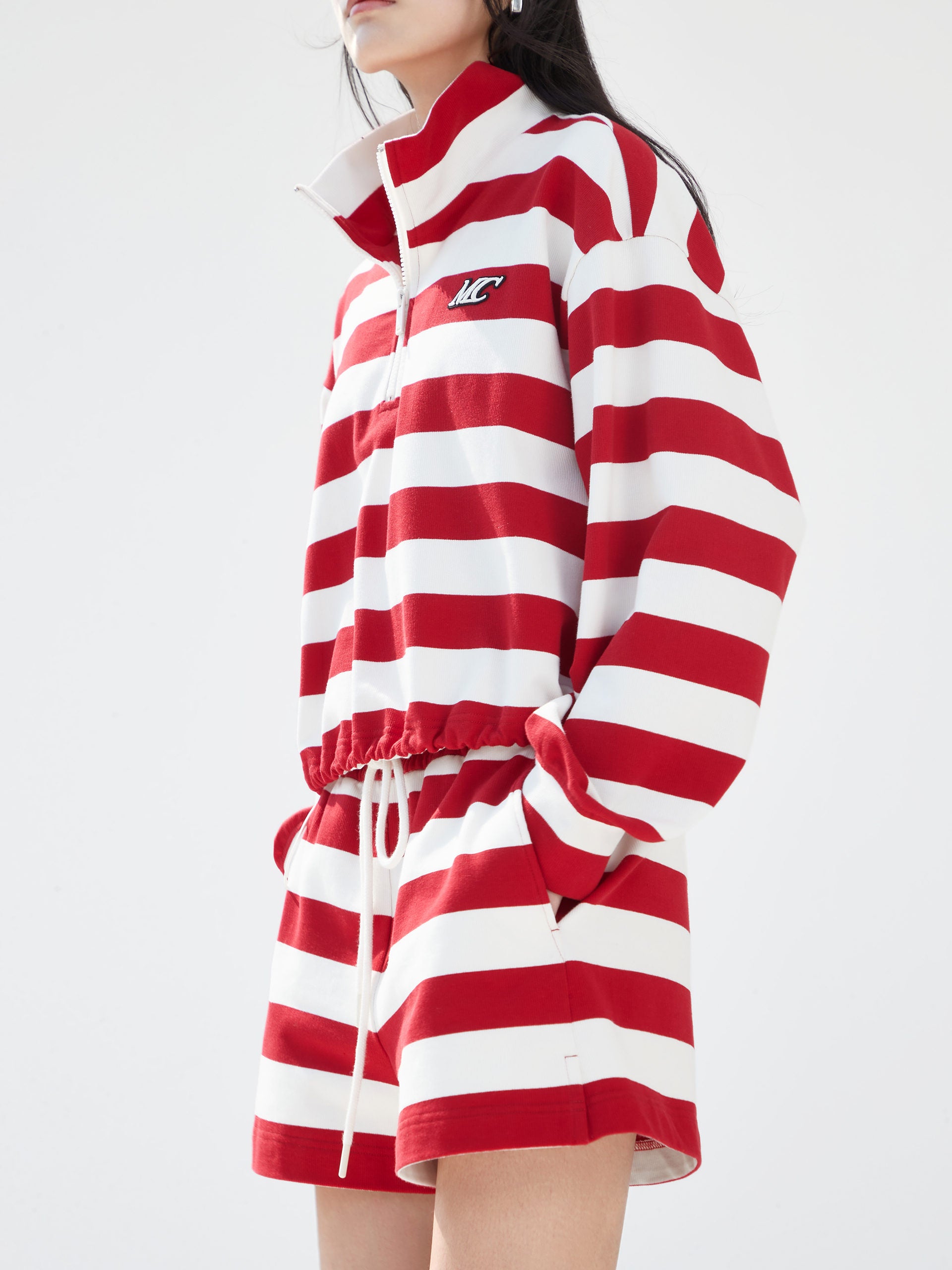 Red Striped Logo Cotton Athleisure Long Sleeves Top