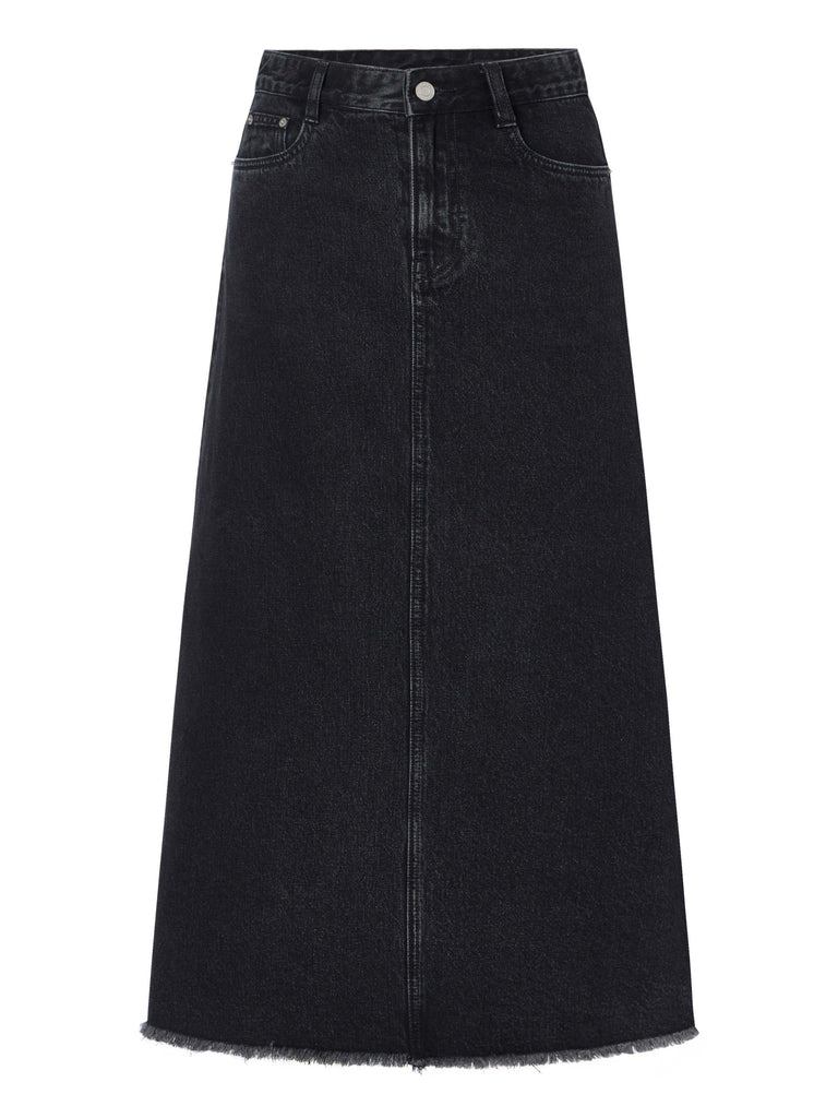 Maxi Frayed Raw Hem A-line Black Denim Skirt