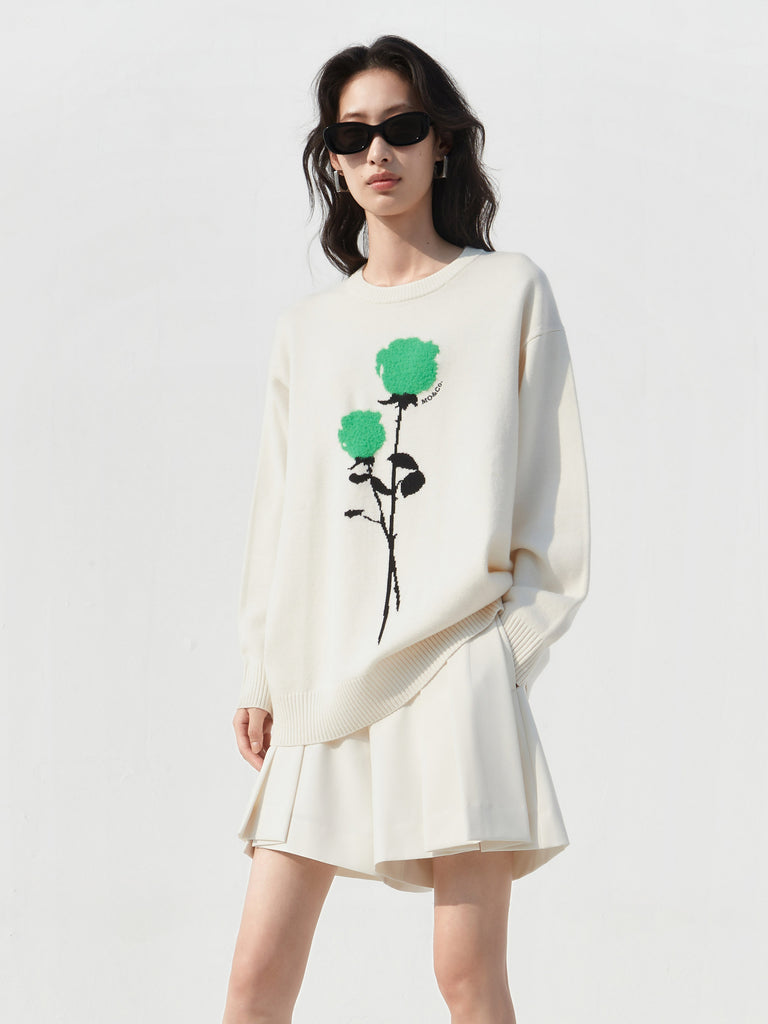 Beige Rose Embroidered and Jacquard Wool Sweater Pullover