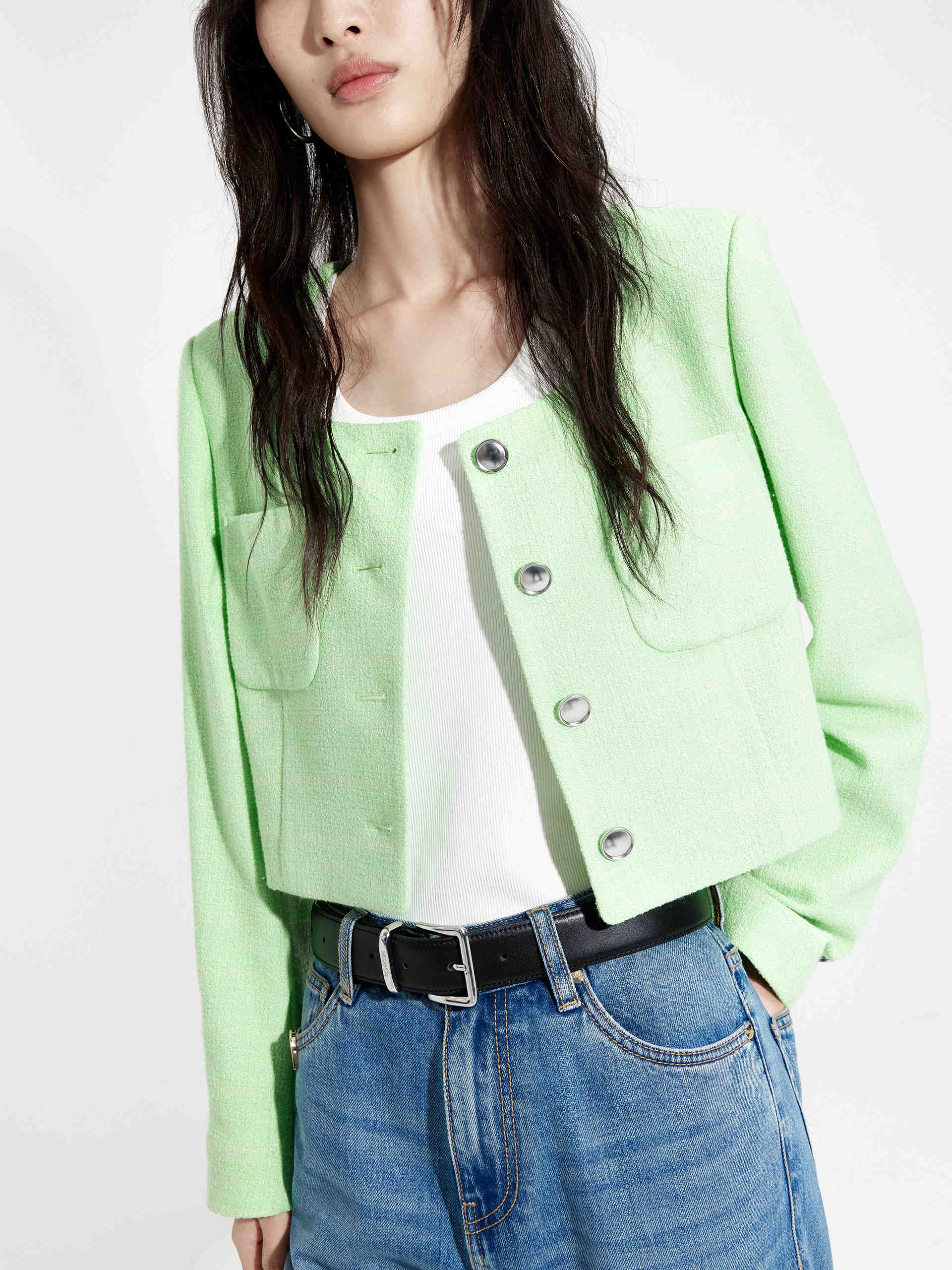 Women's Cropped Boxy Tweed Texture Green Jacket