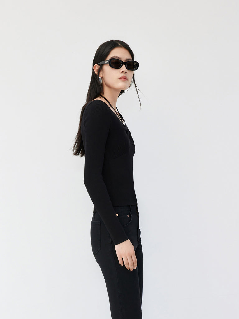 Long Sleeves Cotton Blend Ribbed Knit Top with Open Front Details in Black