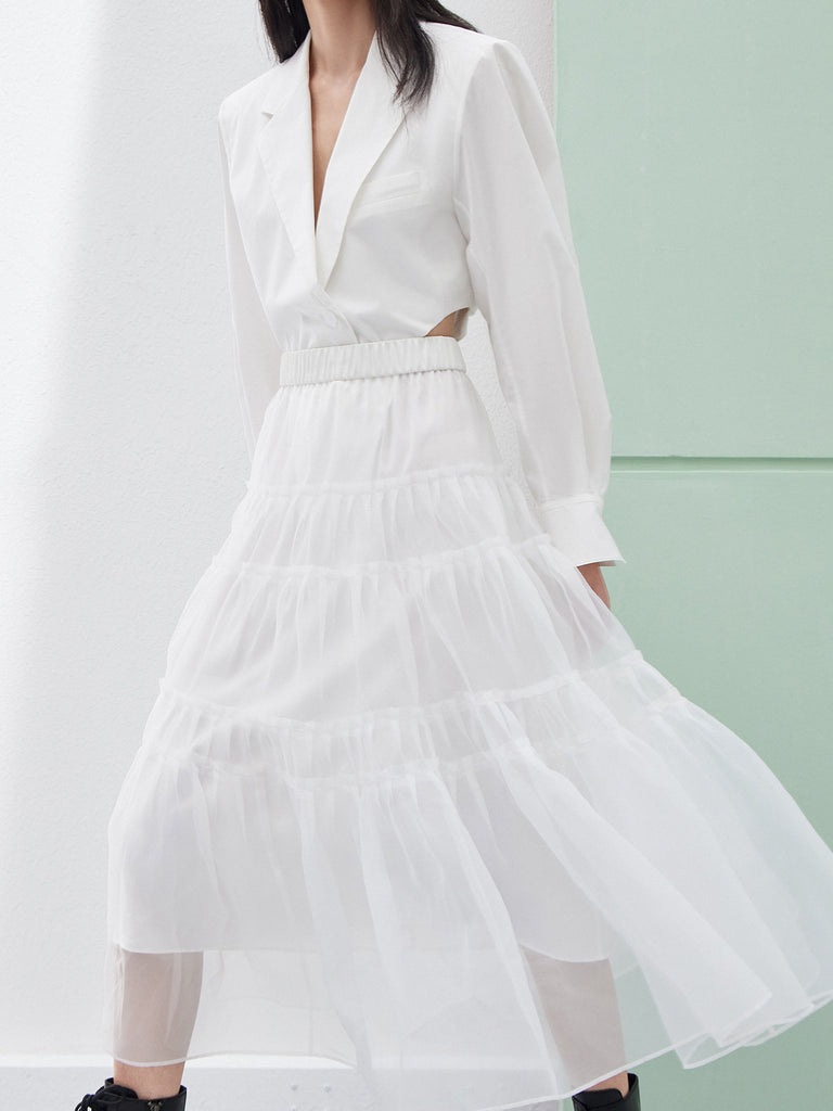 Layered Ruffled Tulle Midi Skirt in White