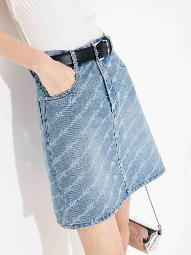 Women's Allover MC letter Denim A-line Mini Skirt