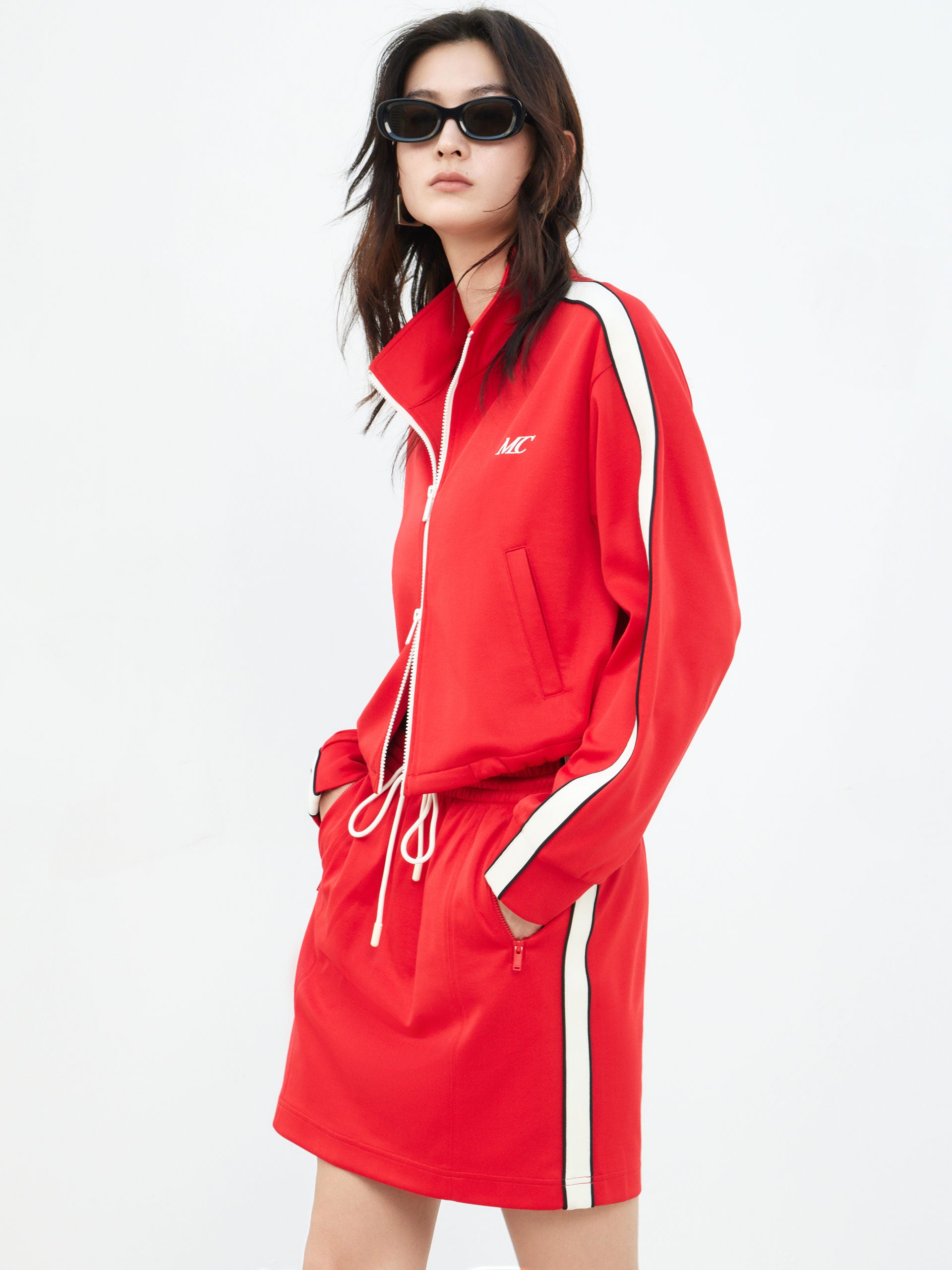 Cotton Blend Contrast Cropped Athleisure Jacket in Red