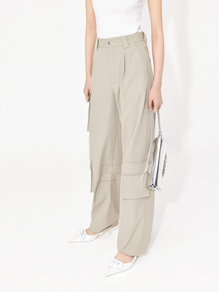 MO&Co. Women's Pocket Detail Cool Touch Cargo Pants in Olive features flap pockets on each leg, straight fit with adjustable hem details.