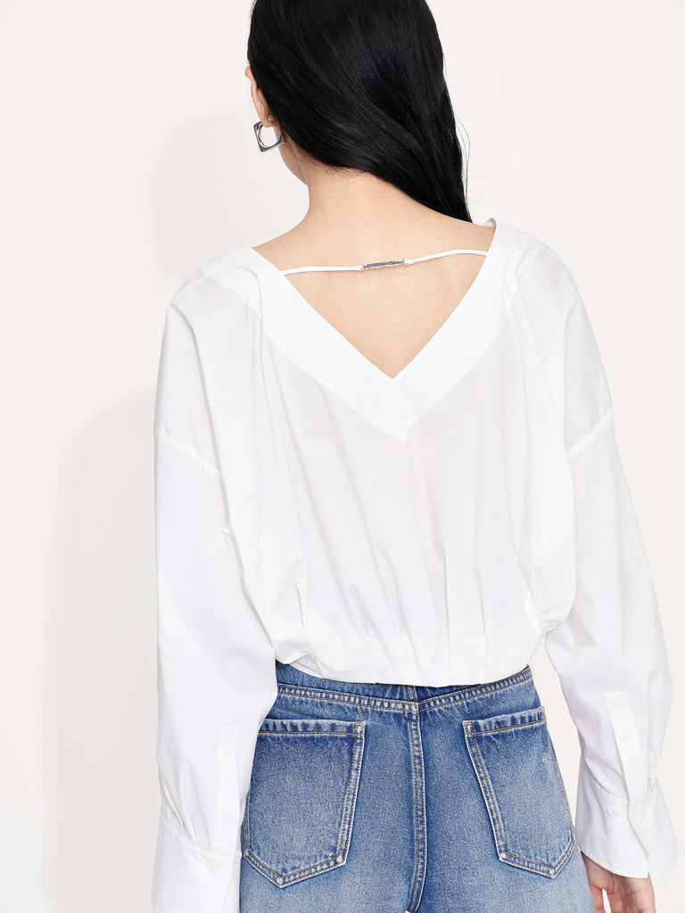 Women's Cropped V-neck Cotton Top in White