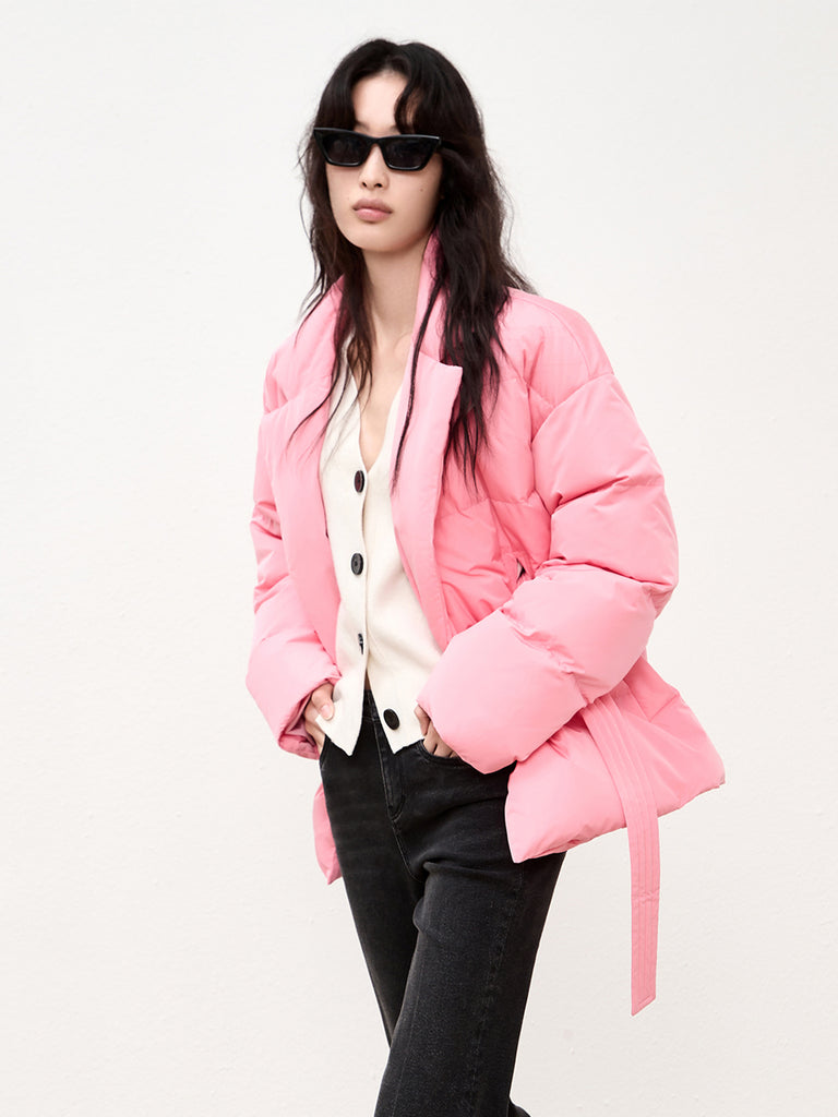 Pink Lapel Collar Puffer Down Jacket with Belt