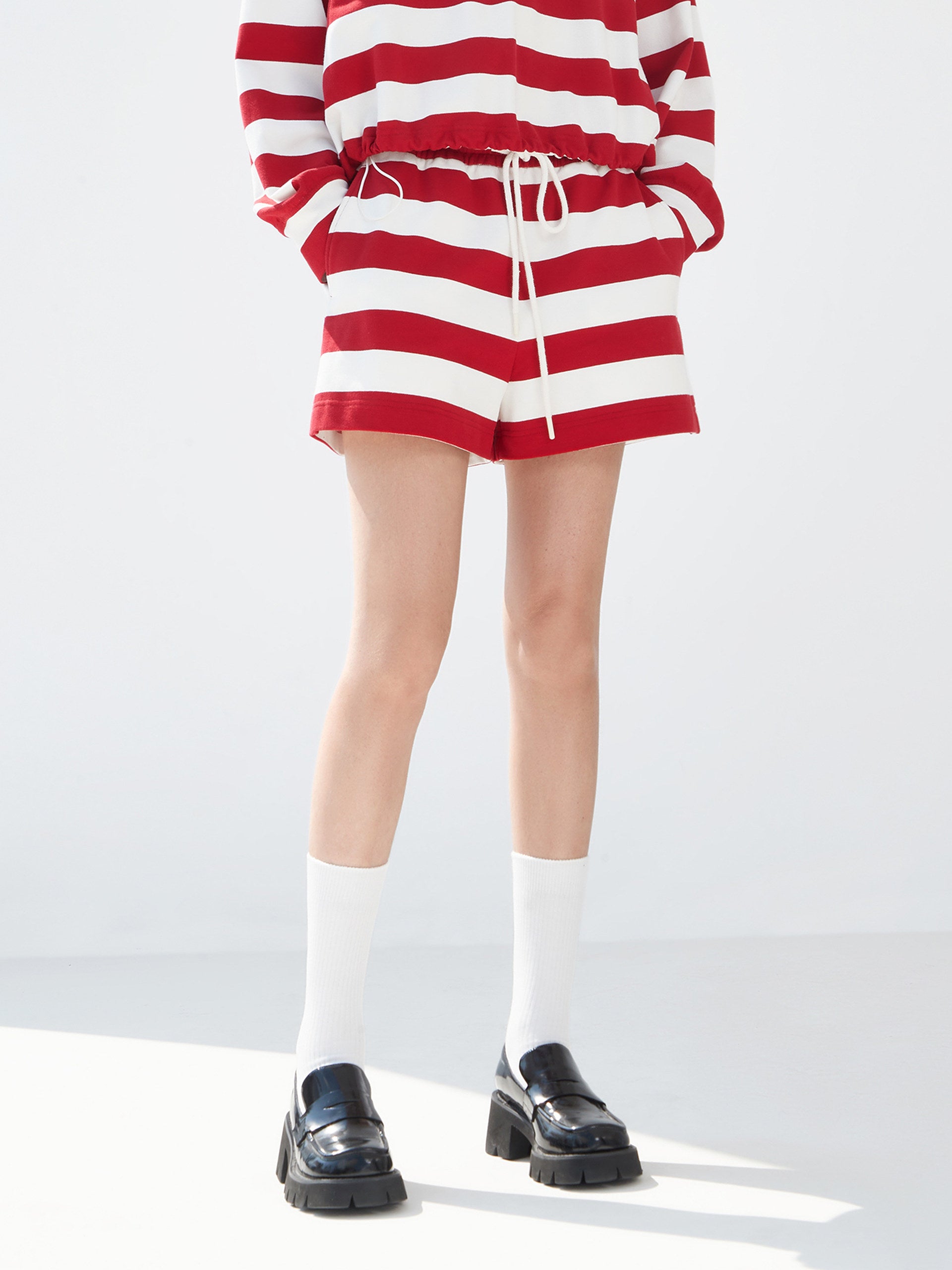 Red Drawstring Stripe Track Athleisure Shorts