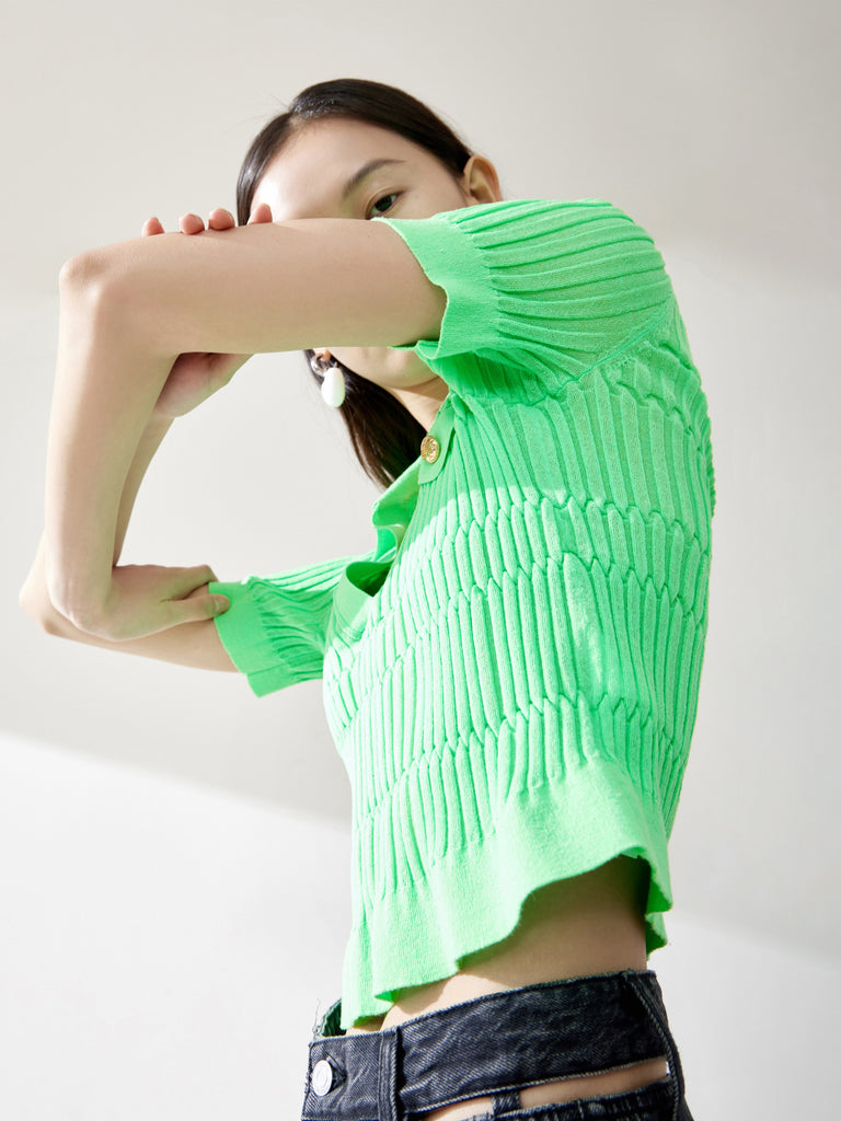 Women's Polo Collar Structured Short Sleeves Knitted Top in Green