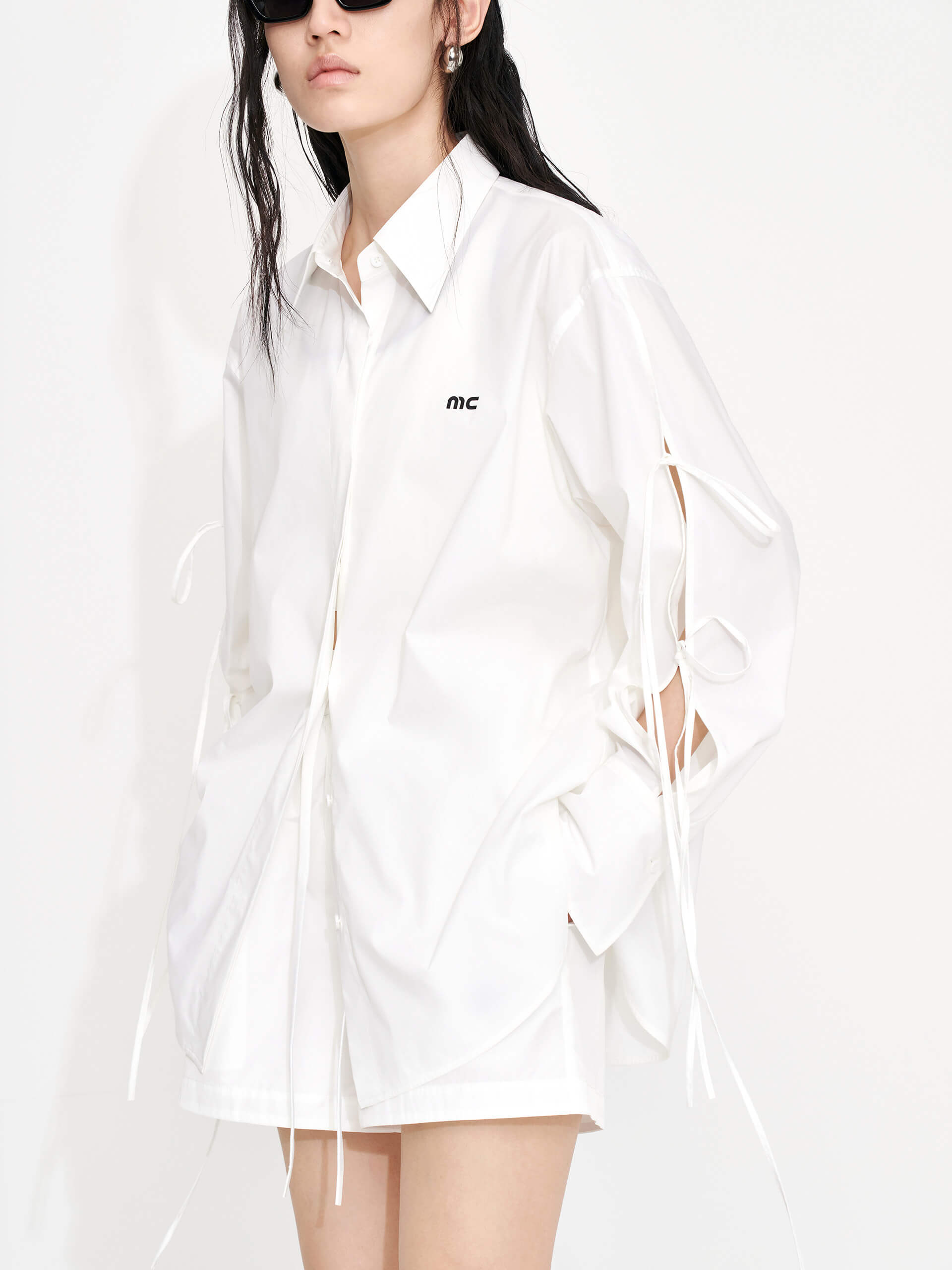 MO&Co. Women's Cotton Blend Cutout Details Oversized Shirt in White